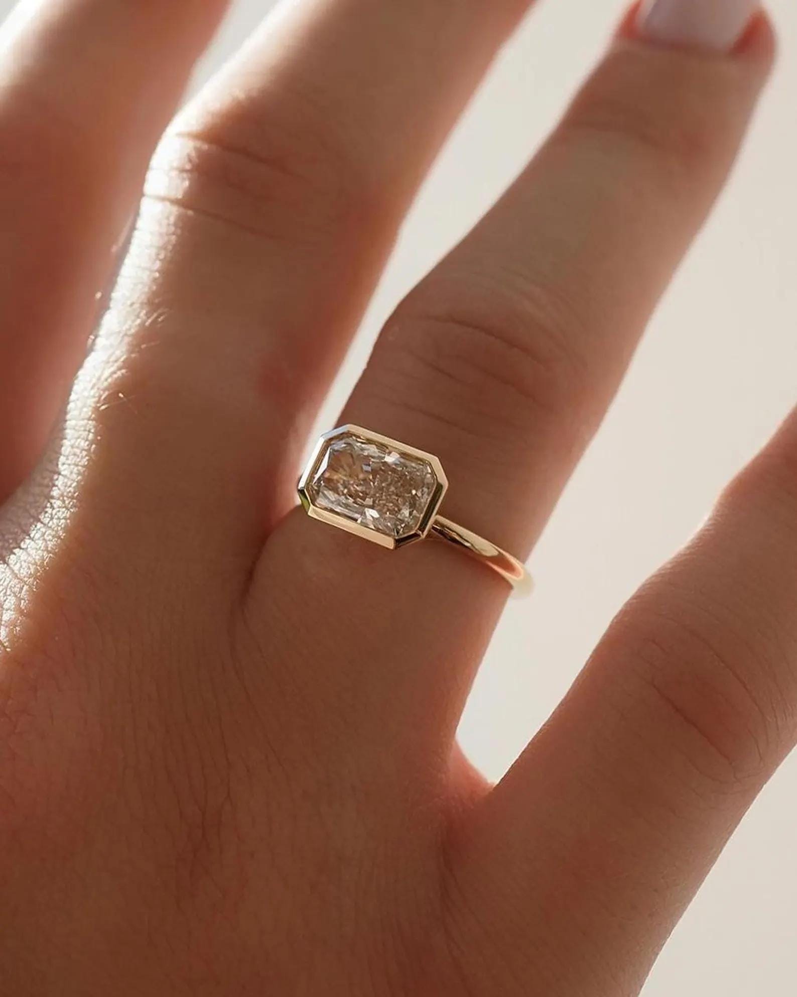 2CT Radiant Cut Lab Grown Diamond Ring | East West Bezel Set Solitaire 14K Gold