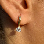 14K Solid Gold Diamond Hoop Earrings | Round Lab Grown Diamond Drop Huggies