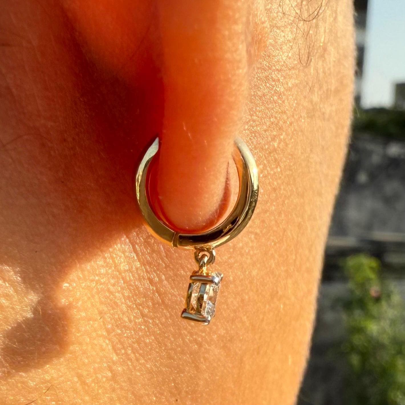 14K Solid Gold Diamond Hoop Earrings | Round Lab Grown Diamond Drop Huggies
