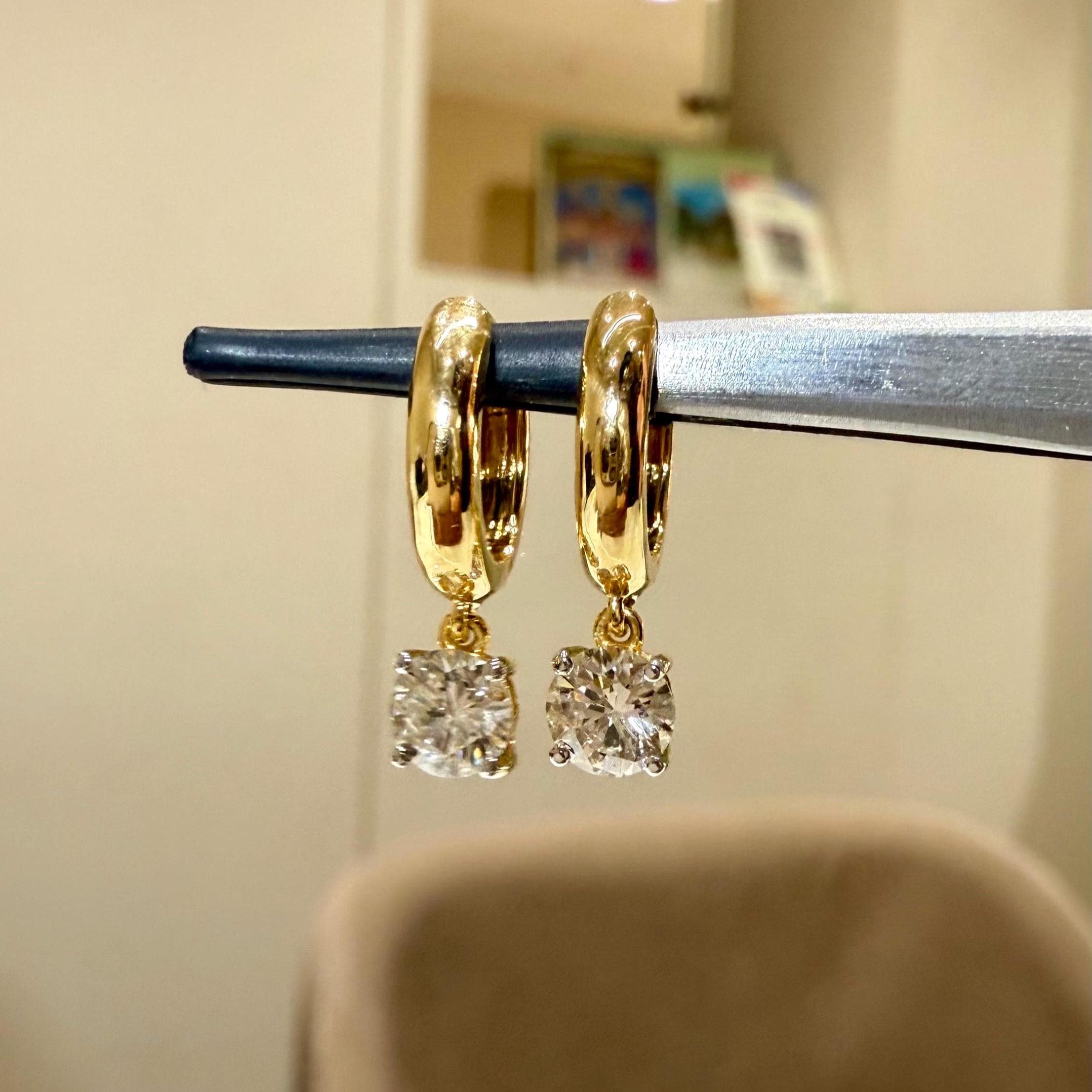 14K Solid Gold Diamond Hoop Earrings | Round Lab Grown Diamond Drop Huggies