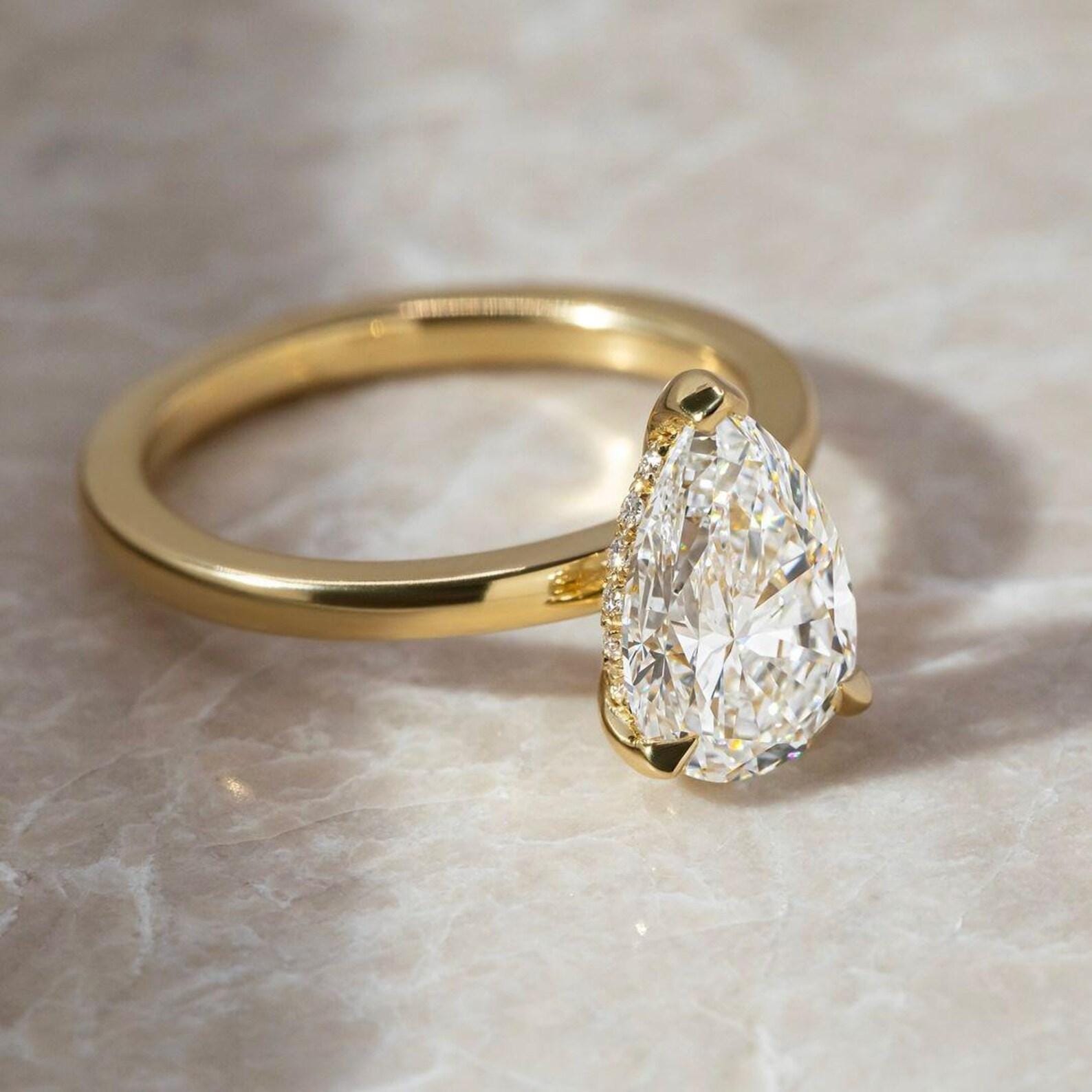 2CT Pear Cut Lab Diamond Engagement Ring | 14K Gold Hidden Halo Solitaire (IGI Certified)