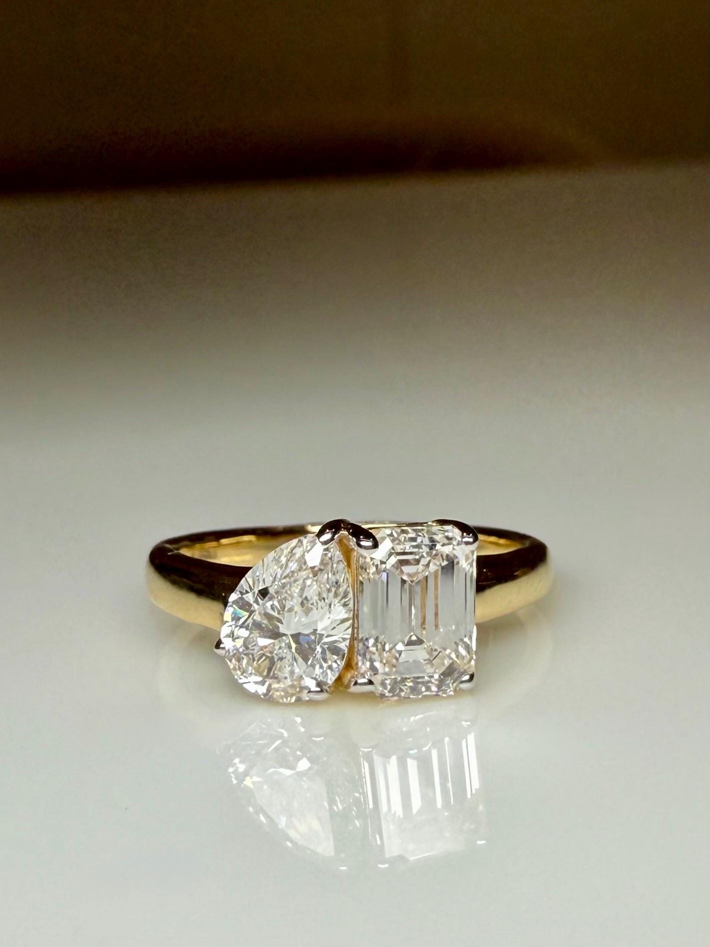 Lab Grown Diamond Toi et Moi Ring | Pear & Emerald Cut Engagement Ring | 14K Gold