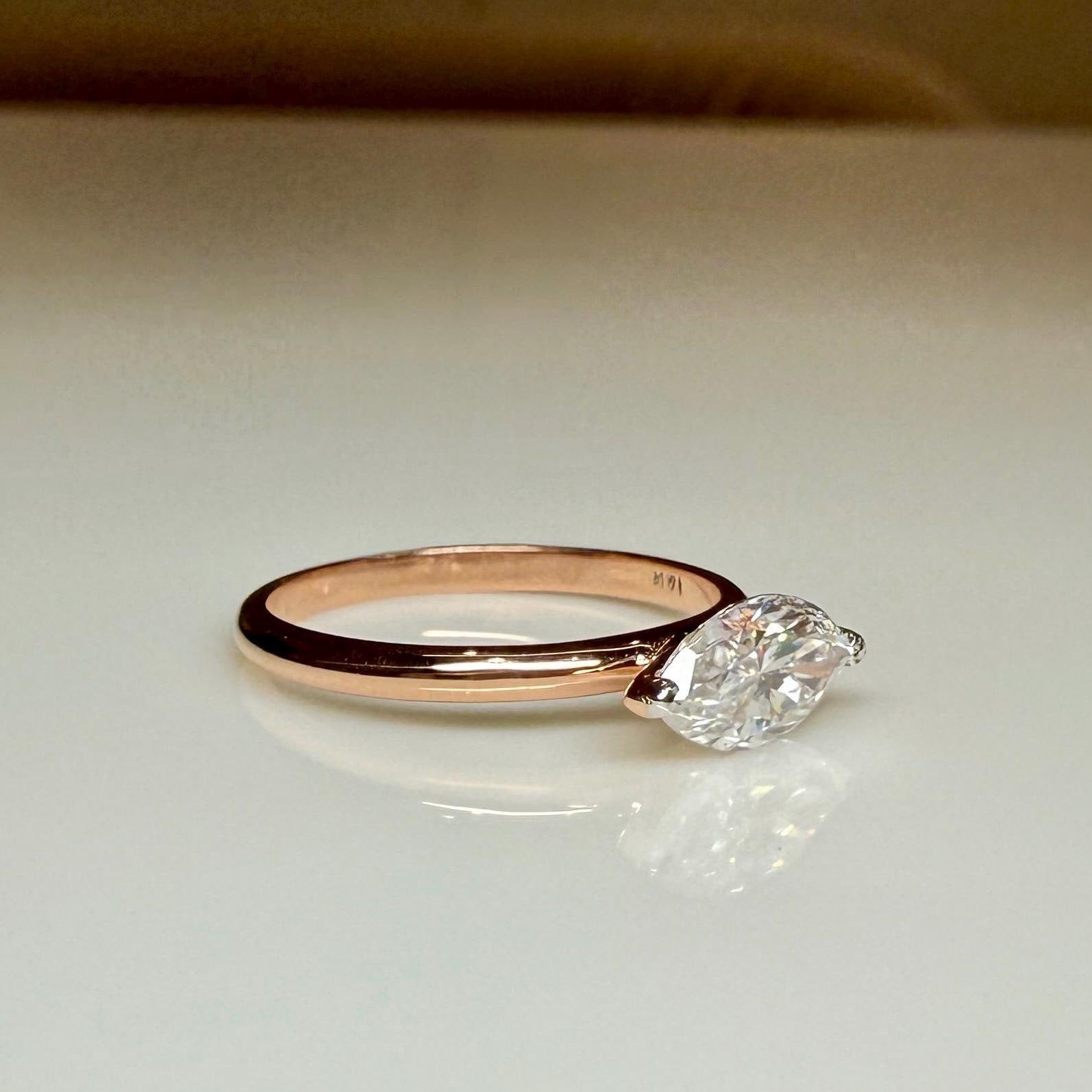 Marquise Cut Lab Grown Diamond Ring | East West Solitaire | 14K Solid Gold Engagement Ring