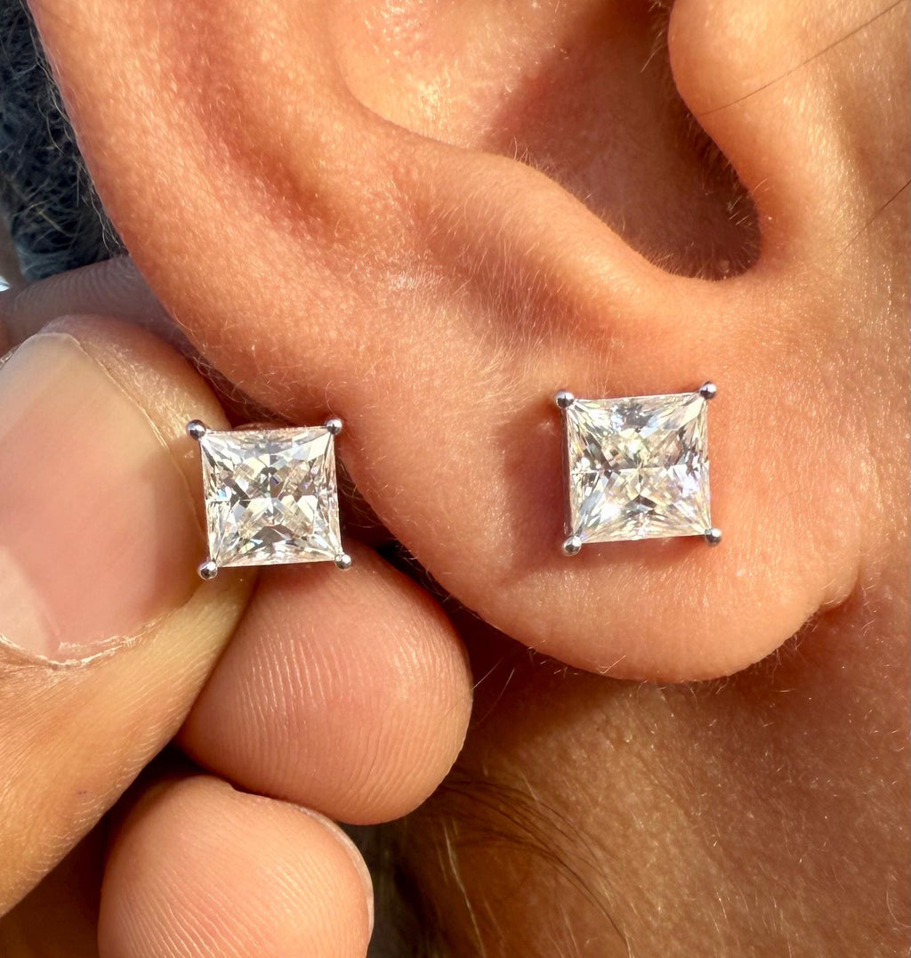 IGI Certified Princess Cut Lab Grown Diamond Stud Earrings Pair | 14K Gold Solitaire Studs