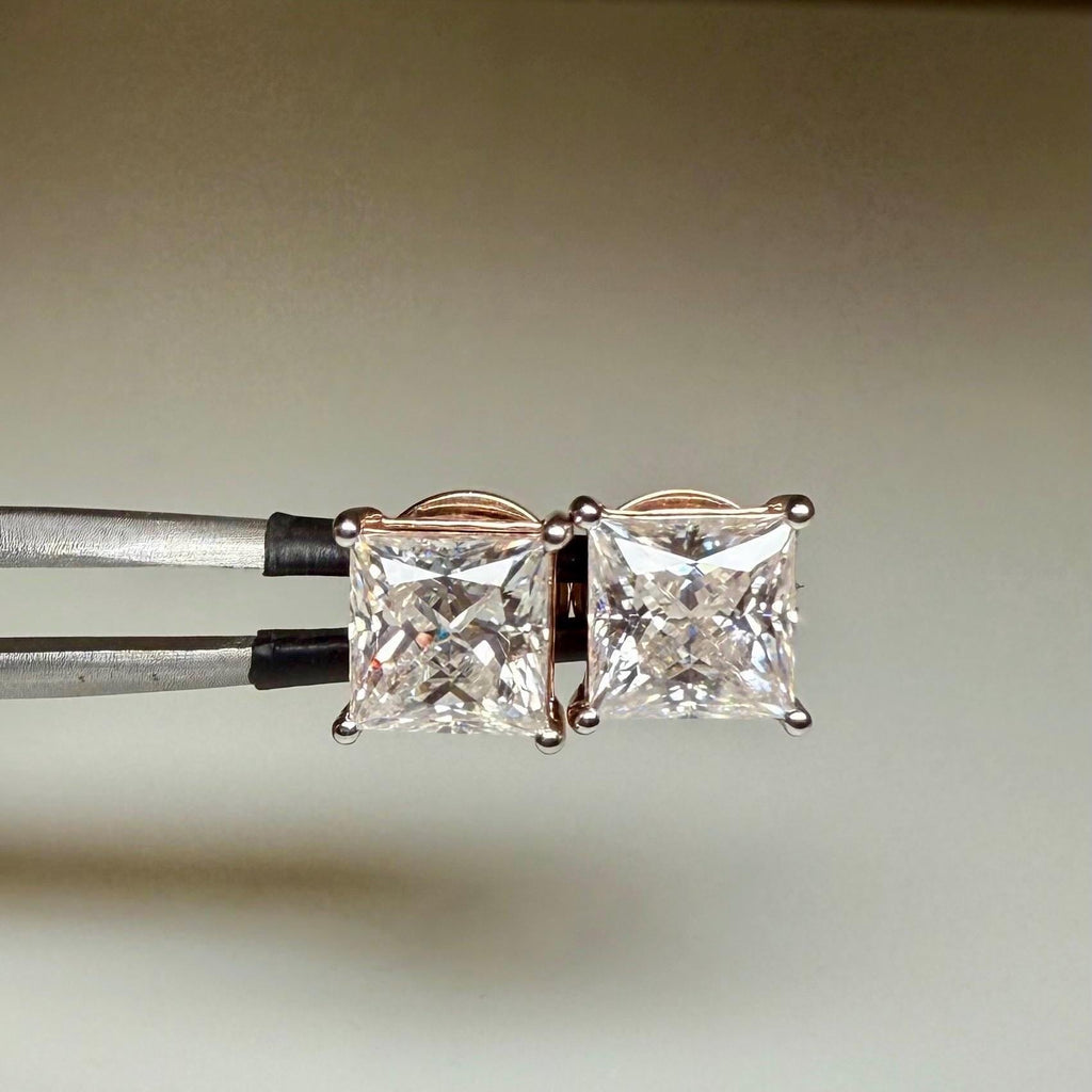 IGI Certified Princess Cut Lab Grown Diamond Stud Earrings Pair | 14K Gold Solitaire Studs