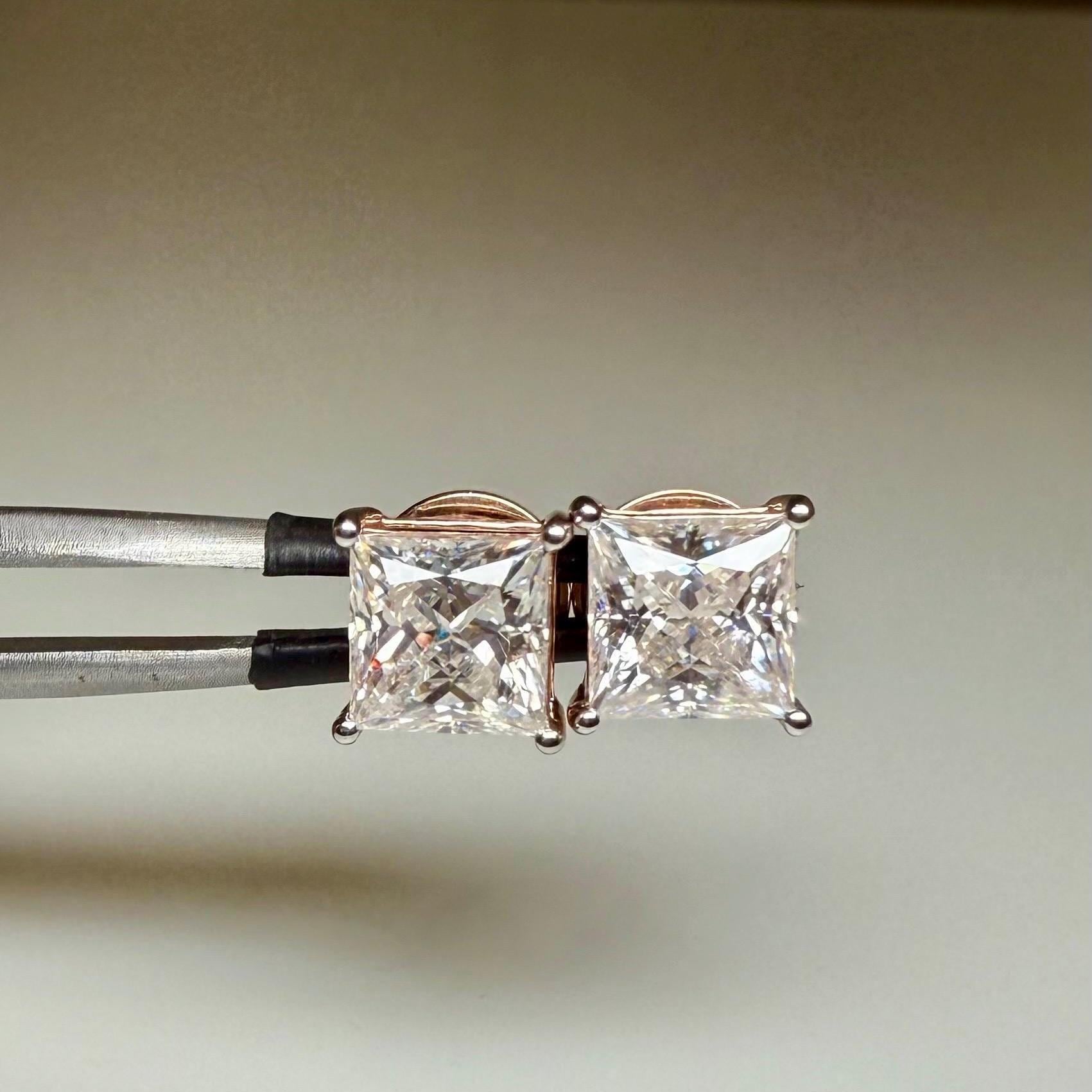 IGI Certified Princess Cut Lab Grown Diamond Stud Earrings Pair | 14K Gold Solitaire Studs