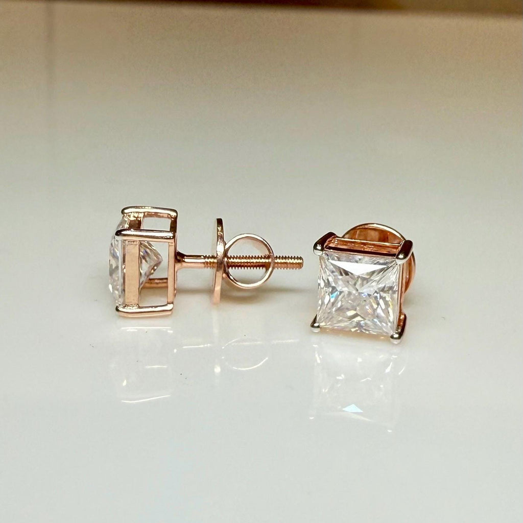 IGI Certified Princess Cut Lab Grown Diamond Stud Earrings Pair | 14K Gold Solitaire Studs