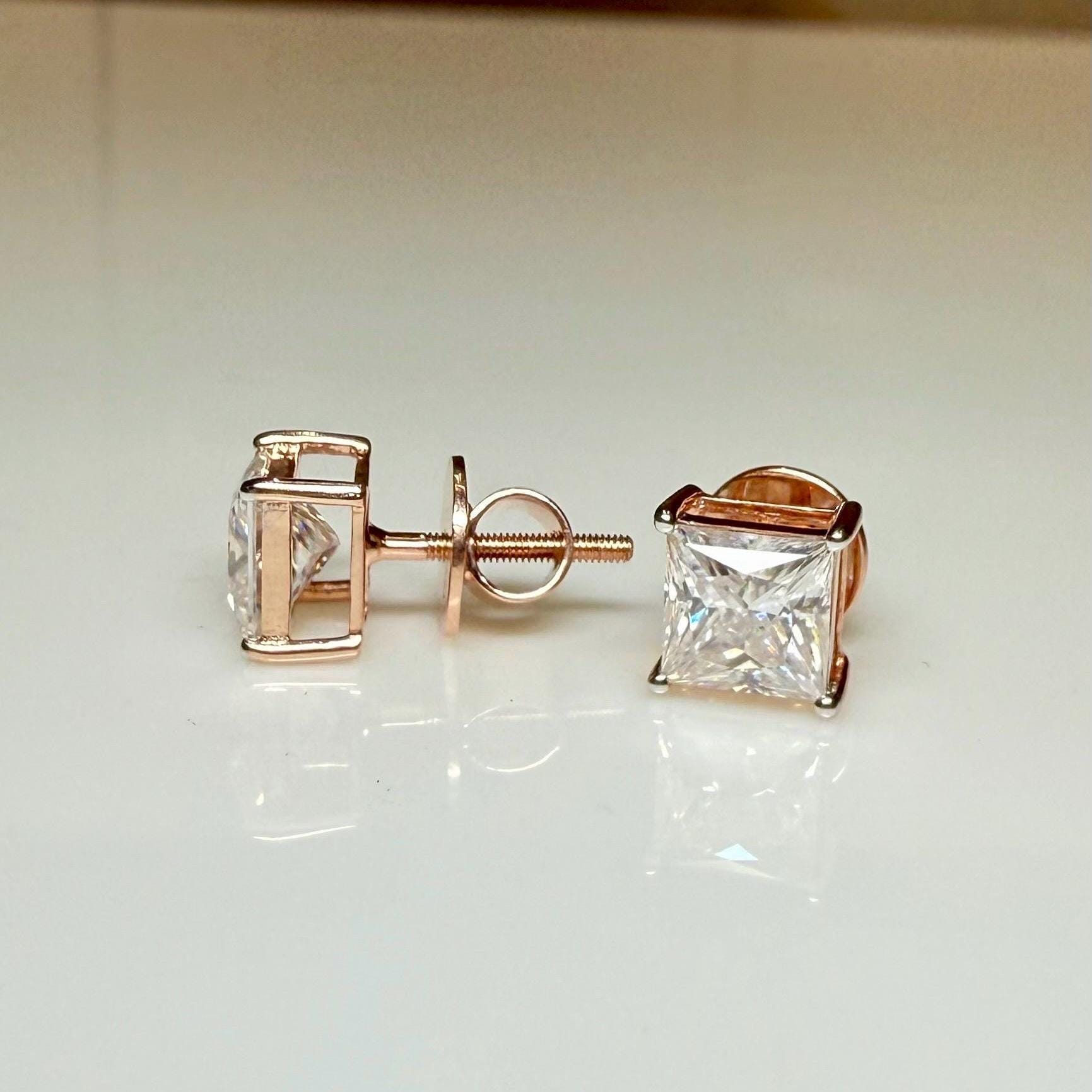 IGI Certified Princess Cut Lab Grown Diamond Stud Earrings Pair | 14K Gold Solitaire Studs