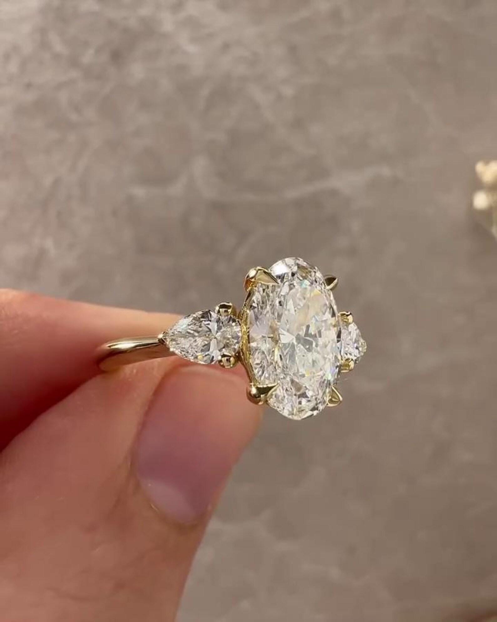 3.50CTW Oval Pear Lab Grown Diamond Three Stone Ring | 14K Solid Gold, IGI Certified