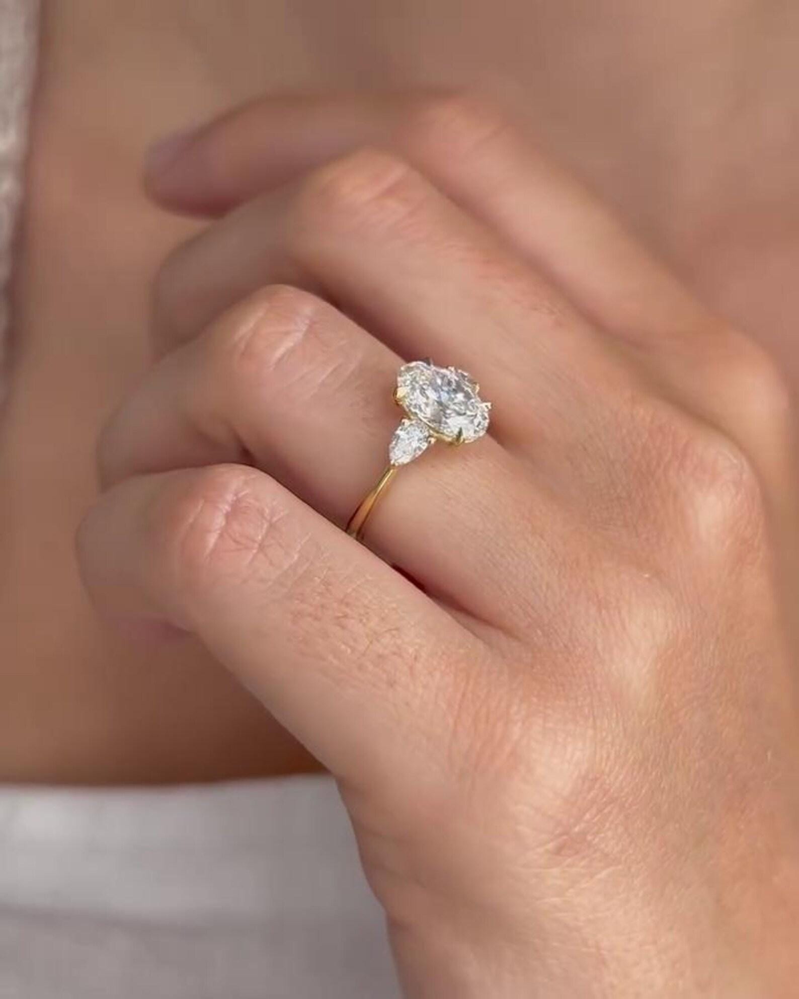 3.50CTW Oval Pear Lab Grown Diamond Three Stone Ring | 14K Solid Gold, IGI Certified