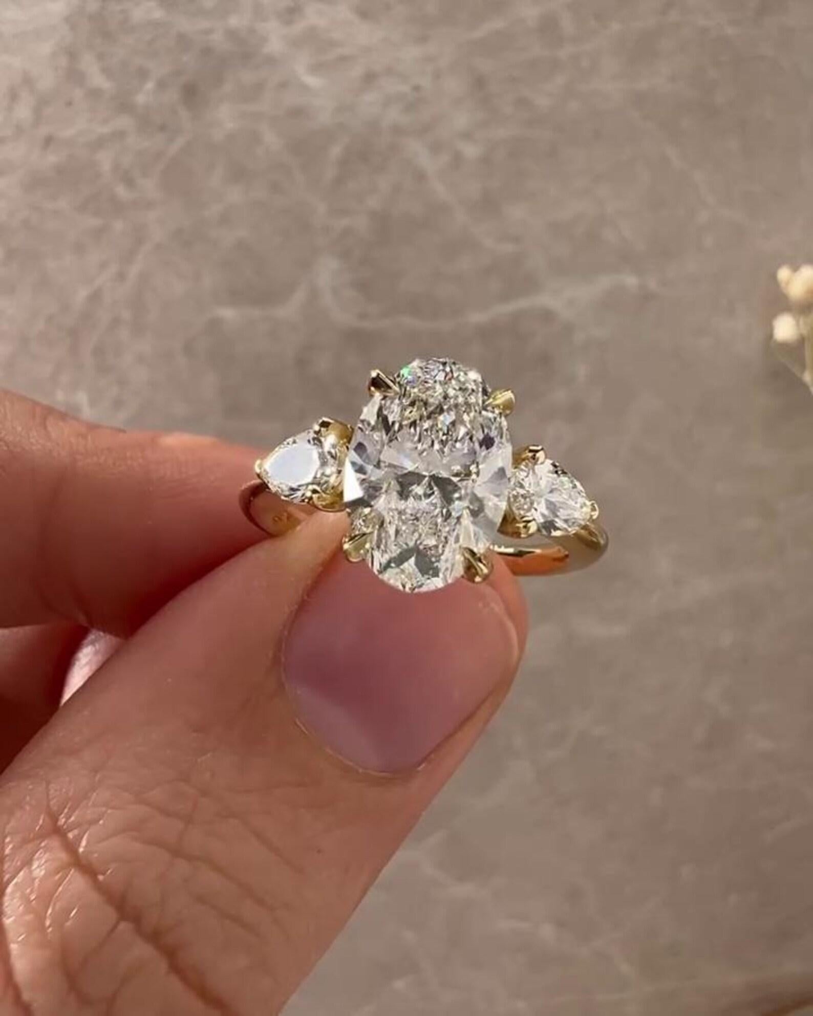 3.50CTW Oval Pear Lab Grown Diamond Three Stone Ring | 14K Solid Gold, IGI Certified