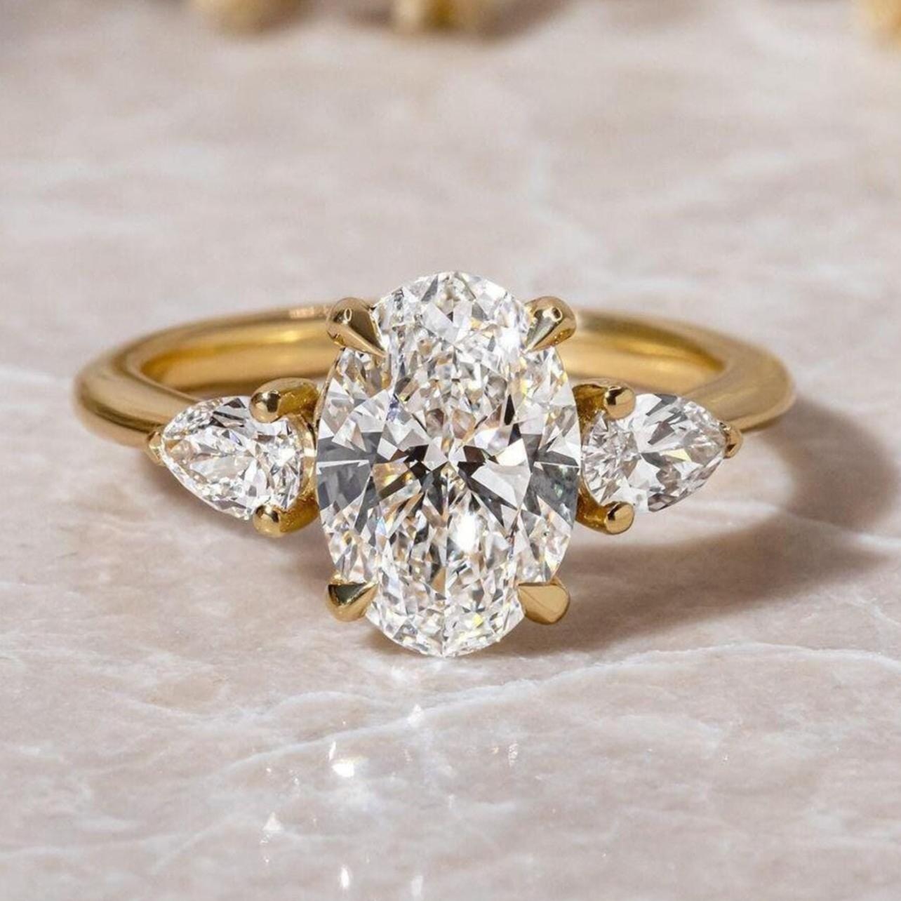 3.50CTW Oval Pear Lab Grown Diamond Three Stone Ring | 14K Solid Gold, IGI Certified