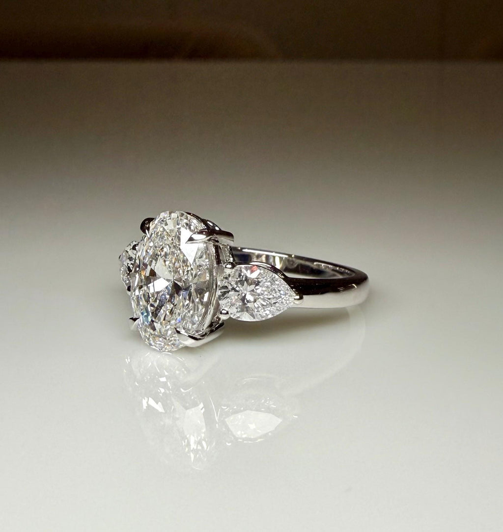 Oval Lab Grown Diamond Engagement Ring | 14K Gold Three Stone Ring with Pear Accents