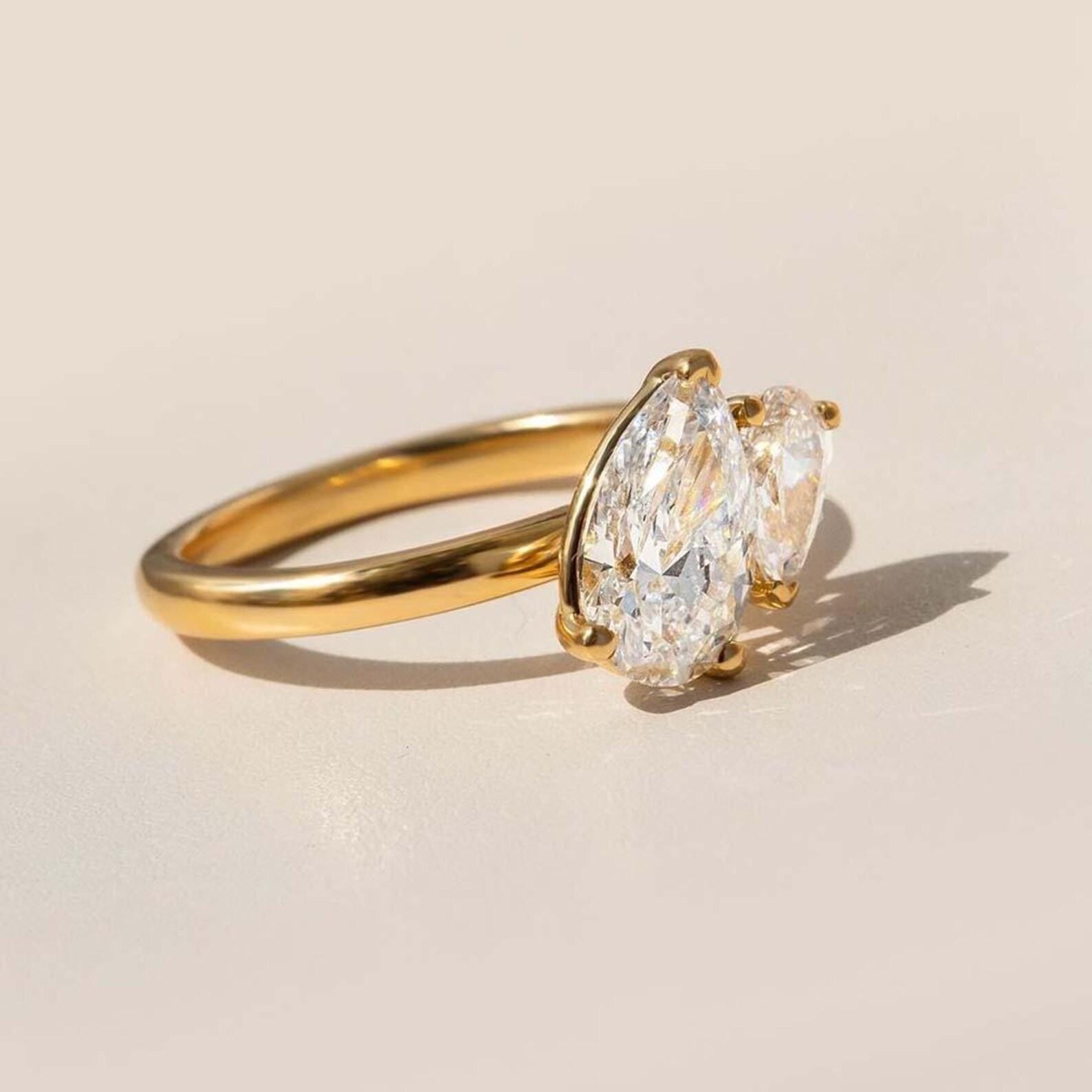 14K Solid Gold Toi et Moi Ring | Pear Lab Grown Diamond Two Stone IGI Certified
