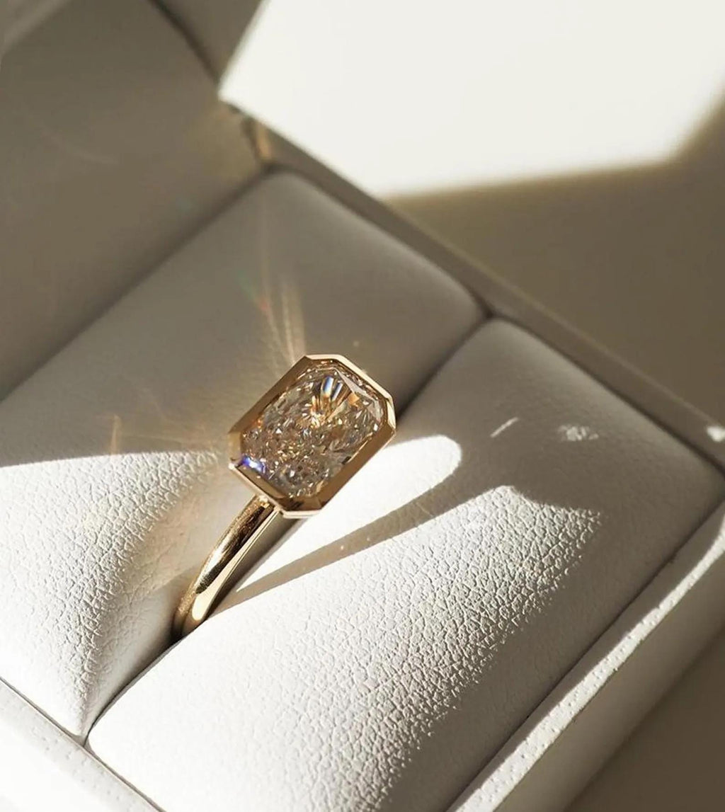 2CT Radiant Cut Lab Grown Diamond Ring | East West Bezel Set Solitaire 14K Gold