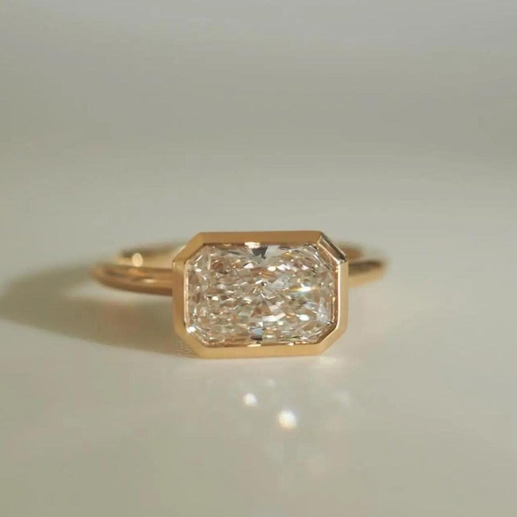 2CT Radiant Cut Lab Grown Diamond Ring | East West Bezel Set Solitaire 14K Gold