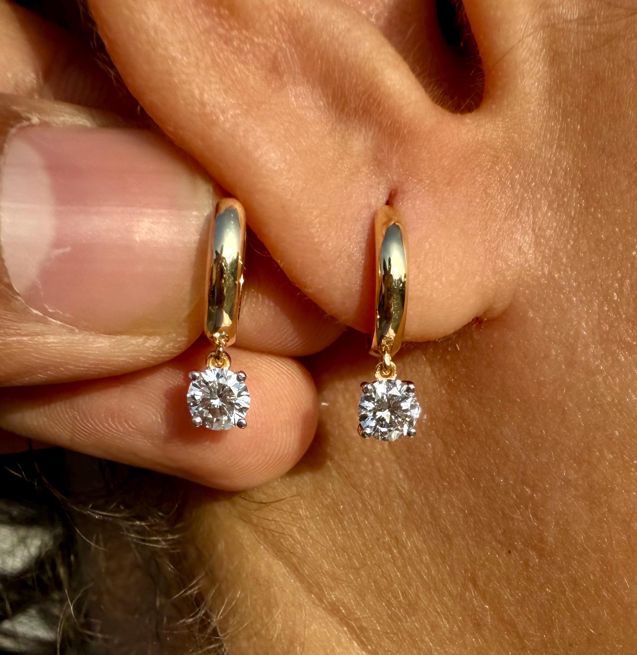 14K Solid Gold Diamond Hoop Earrings | Round Lab Grown Diamond Drop Huggies