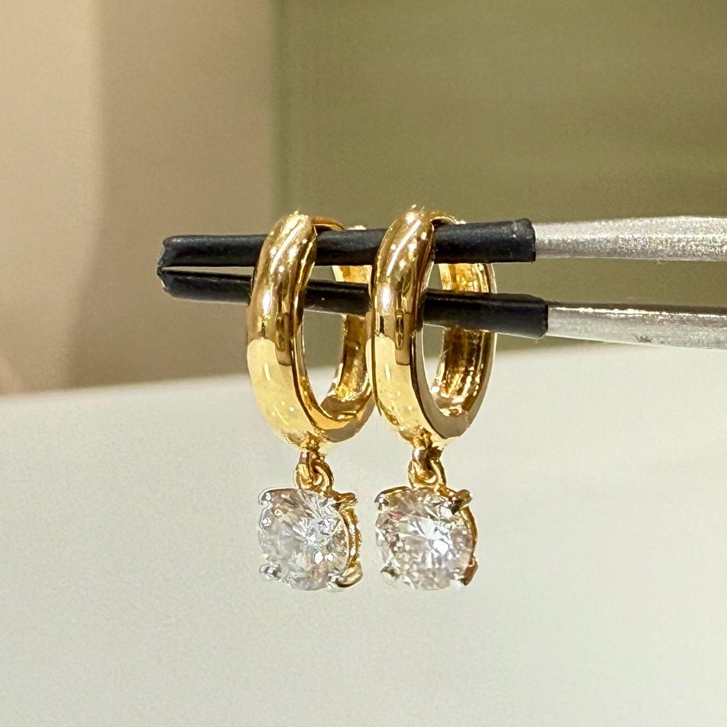 14K Solid Gold Diamond Hoop Earrings | Round Lab Grown Diamond Drop Huggies