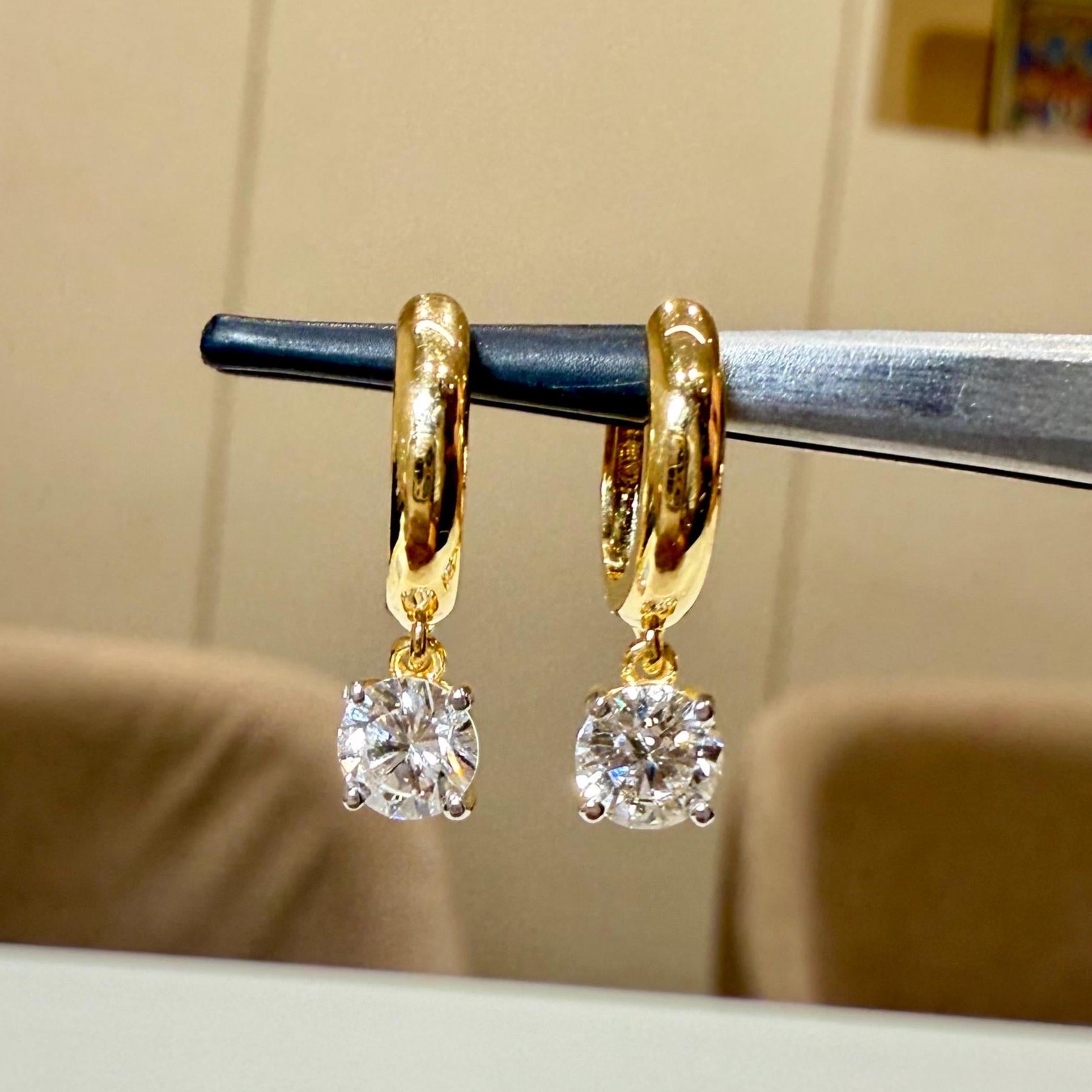 14K Solid Gold Diamond Hoop Earrings | Round Lab Grown Diamond Drop Huggies