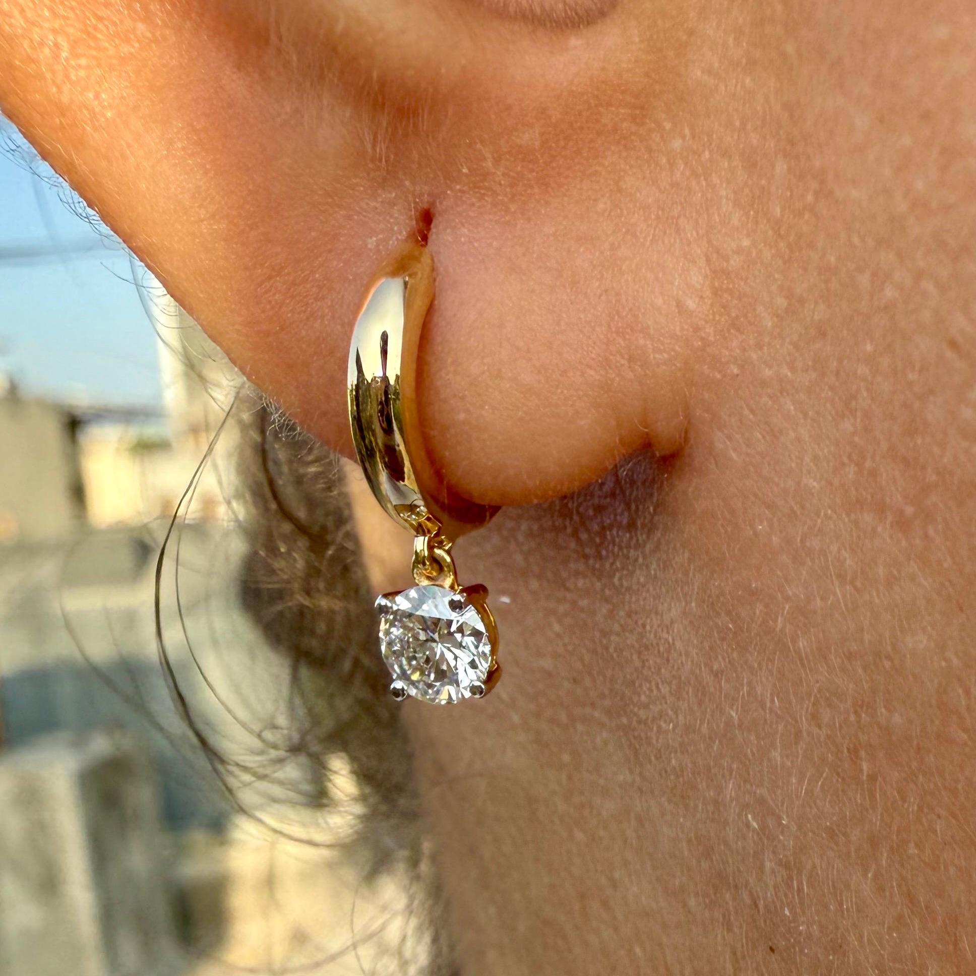 14K Solid Gold Diamond Hoop Earrings | Round Lab Grown Diamond Drop Huggies