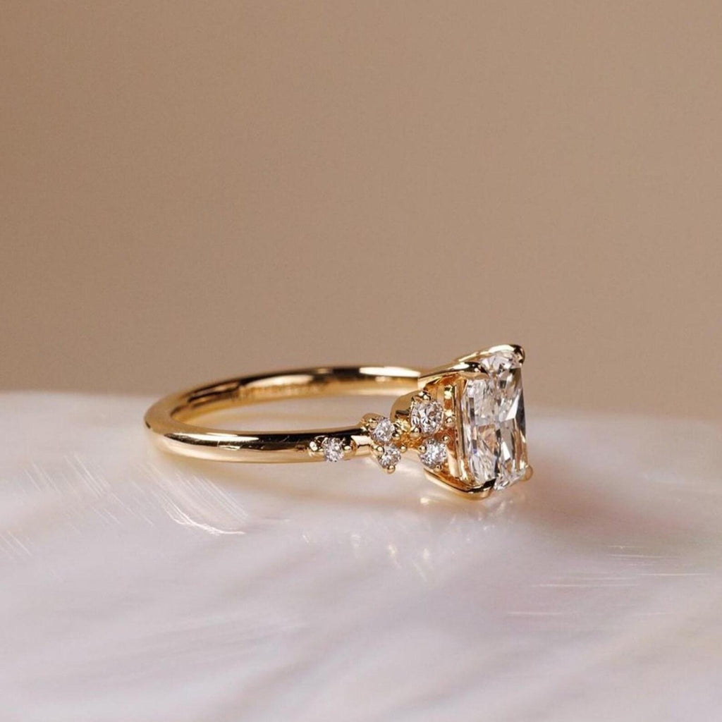 3CT Elongated Cushion Lab Diamond Ring | IGI Certified 14K Gold Floral Accent