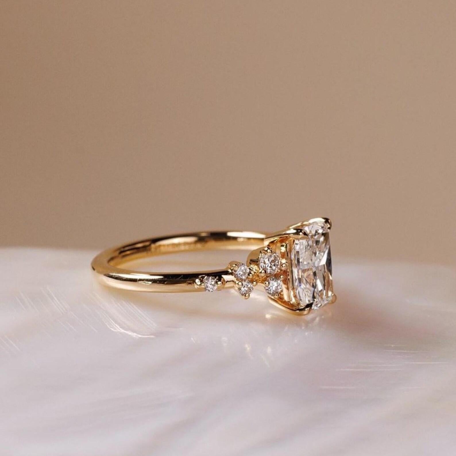3CT Elongated Cushion Lab Diamond Ring | IGI Certified 14K Gold Floral Accent