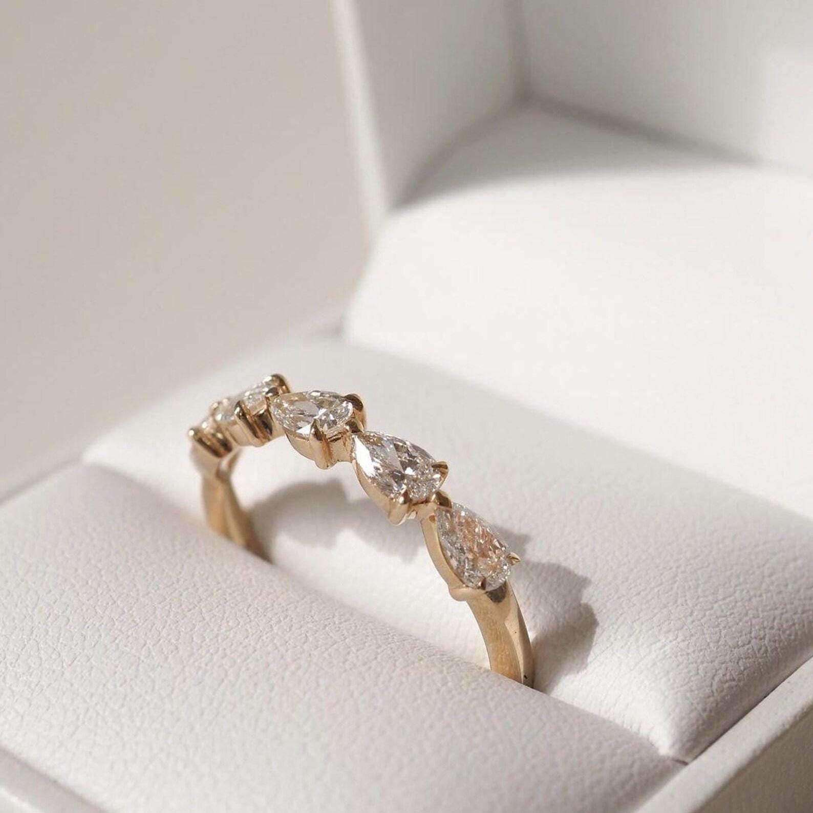 Pear Cut Lab Grown Diamond Half Eternity Ring | 14K Gold Wedding Band