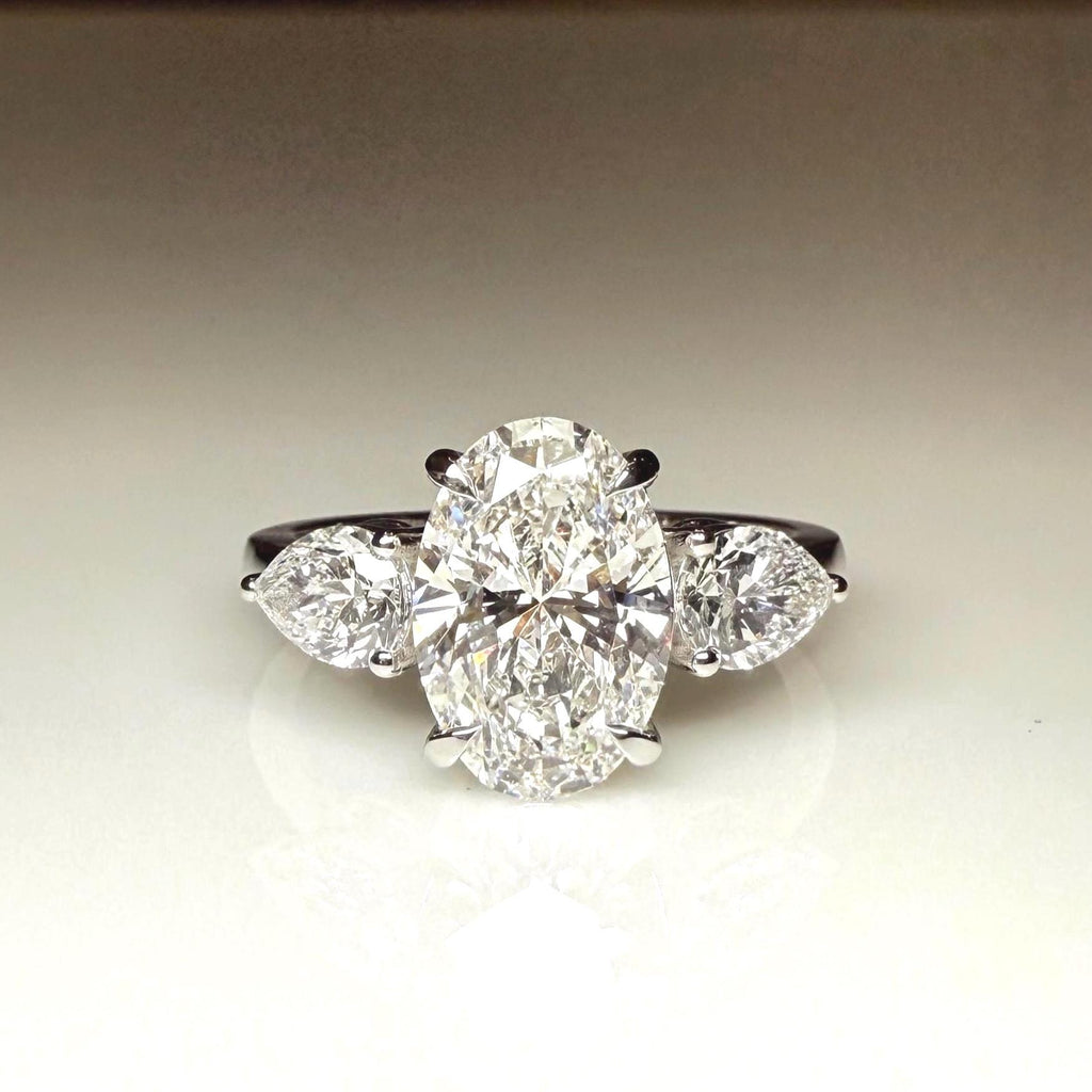 Oval Lab Grown Diamond Engagement Ring | 14K Gold Three Stone Ring with Pear Accents