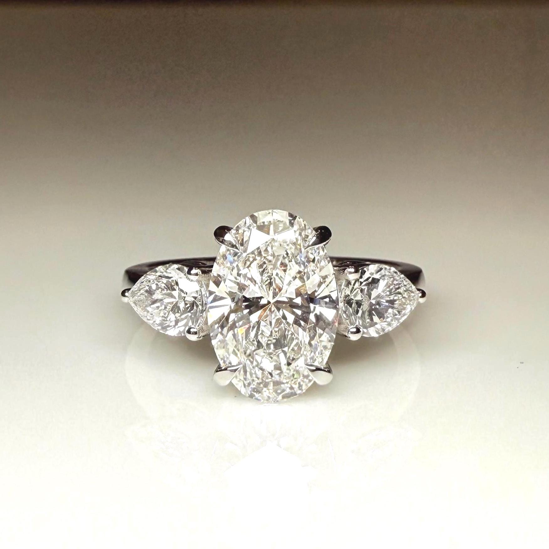 Oval Lab Grown Diamond Engagement Ring | 14K Gold Three Stone Ring with Pear Accents