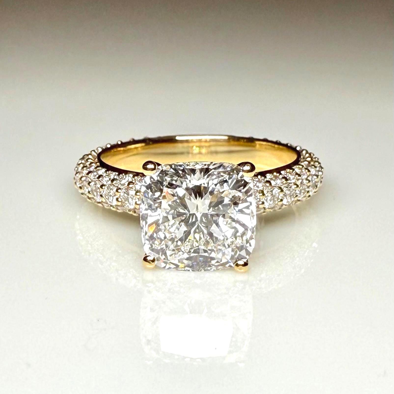 2.50CT Cushion Lab Grown Diamond Engagement Ring, 3.80CTW Pavé Band, 14K Gold (IGI Certified)