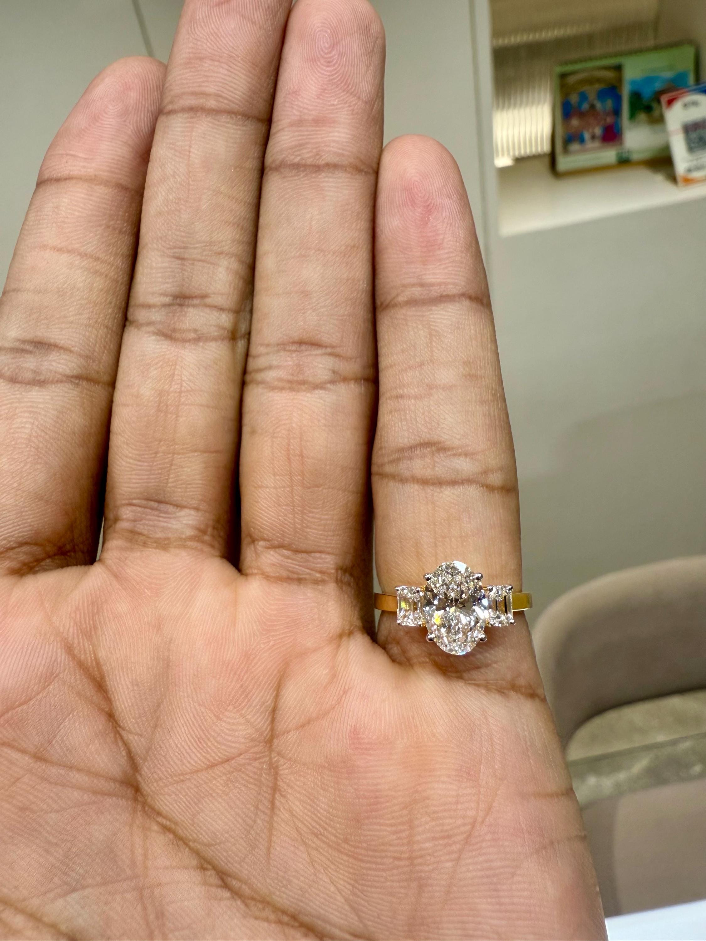 Oval Lab Grown Diamond Engagement Ring: 14K Gold Three Stone Emerald Accents