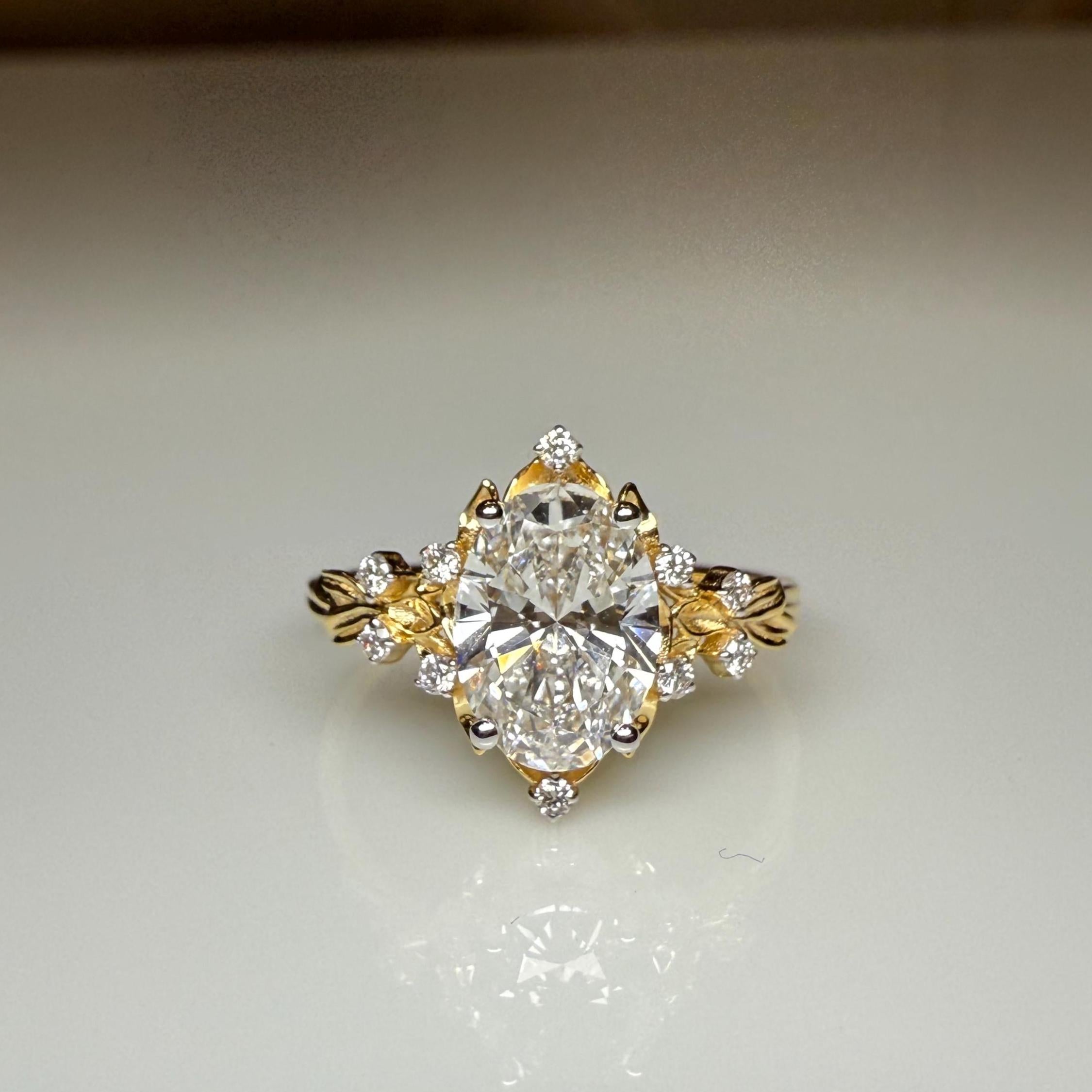 1.50CT Oval Lab Grown Diamond Engagement Ring | 14K Solid Gold Floral Halo, IGI Certified