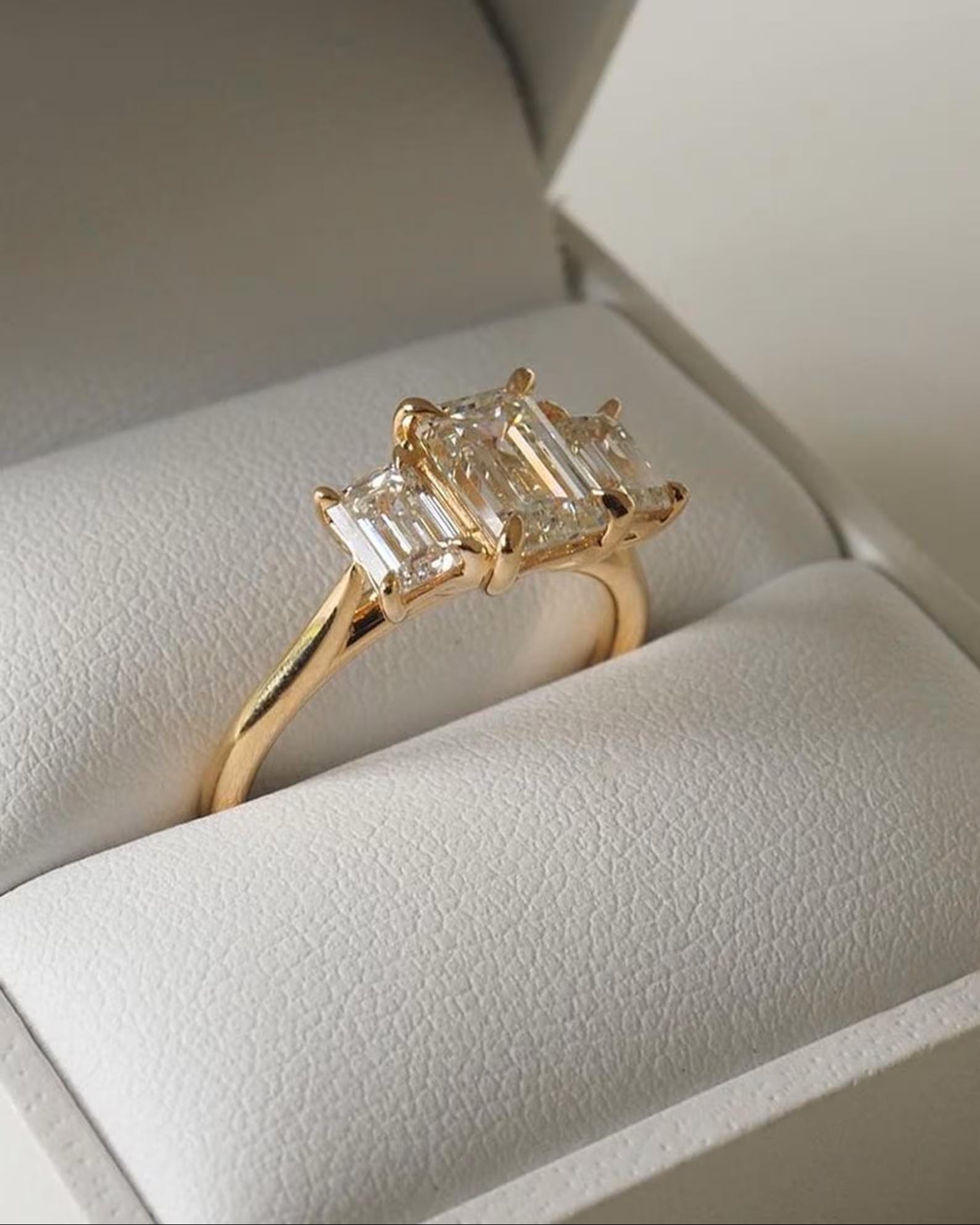 Emerald Cut Lab Grown Diamond Three Stone Ring | 14K Solid Gold, IGI Certified