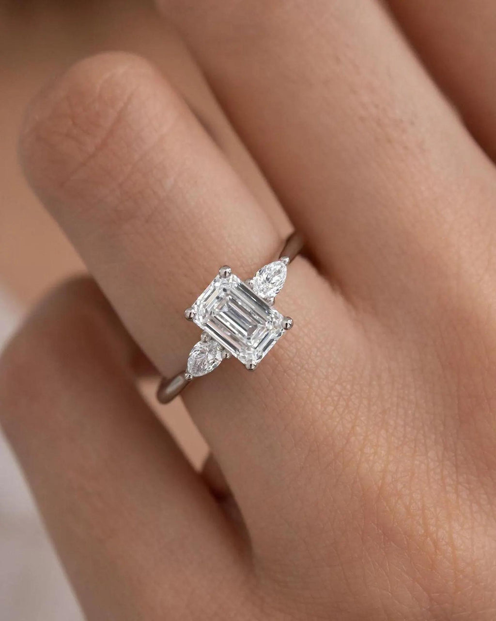 Emerald Cut Lab Diamond Engagement Ring | Pear Side Stones, 14K Gold, IGI Certified