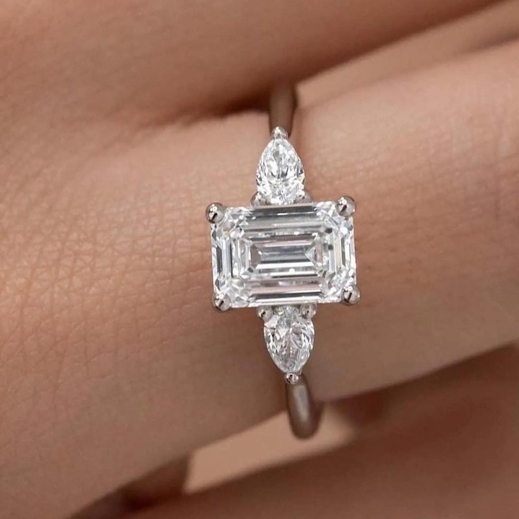 Emerald Cut Lab Diamond Engagement Ring | Pear Side Stones, 14K Gold, IGI Certified