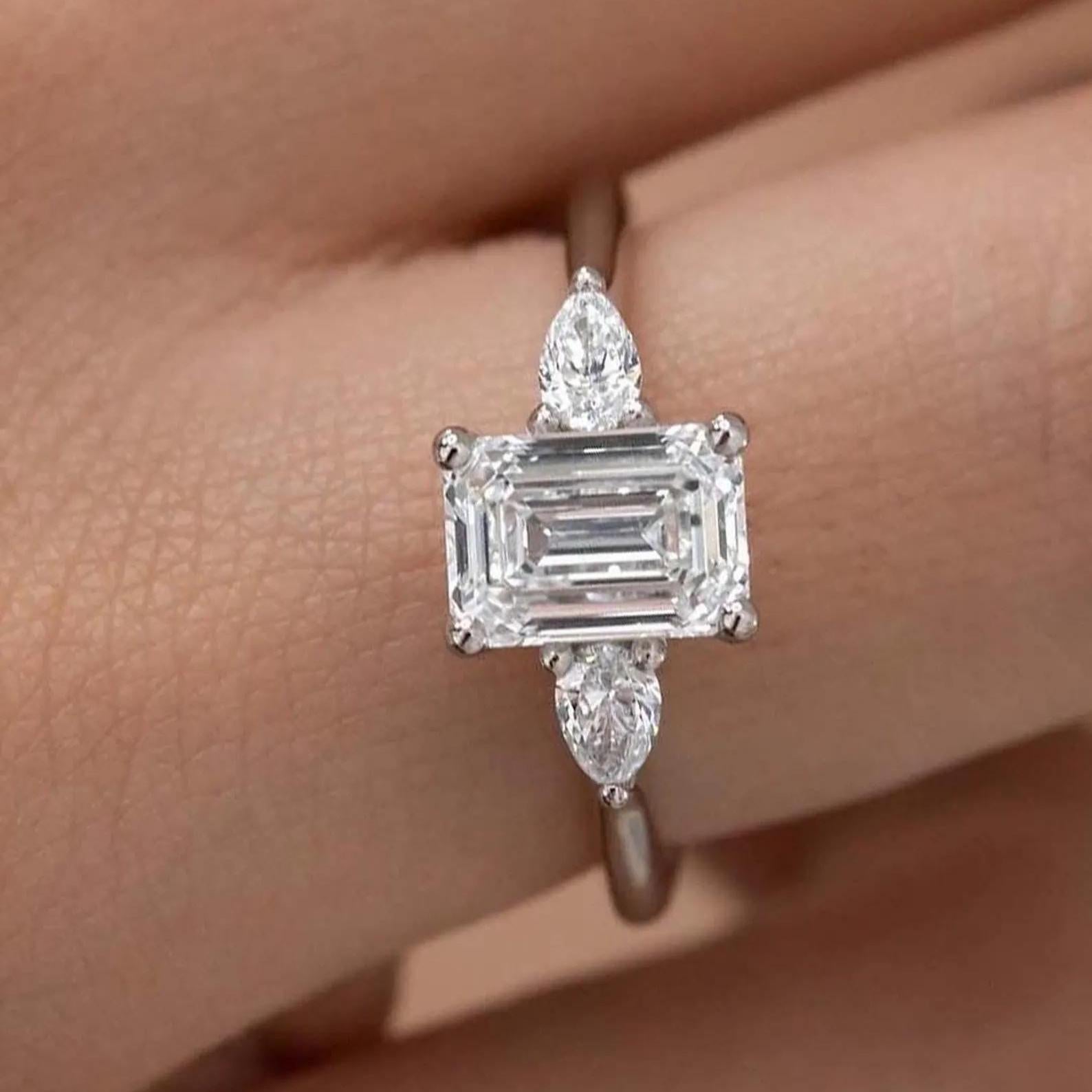 Emerald Cut Lab Diamond Engagement Ring | Pear Side Stones, 14K Gold, IGI Certified
