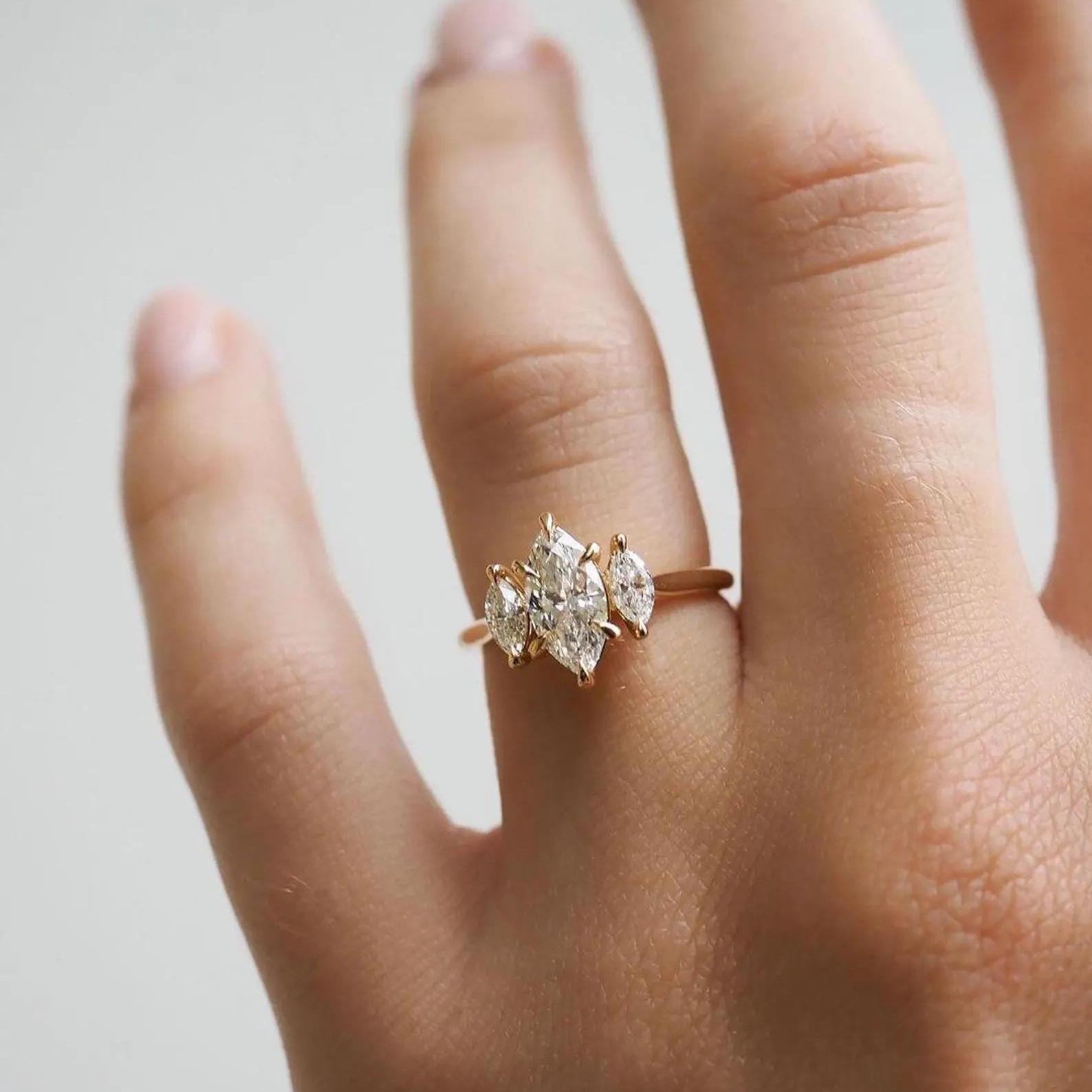 1.70CTW Marquise Lab Grown Diamond Engagement Ring | Three Stone Ring | 14K Solid Gold
