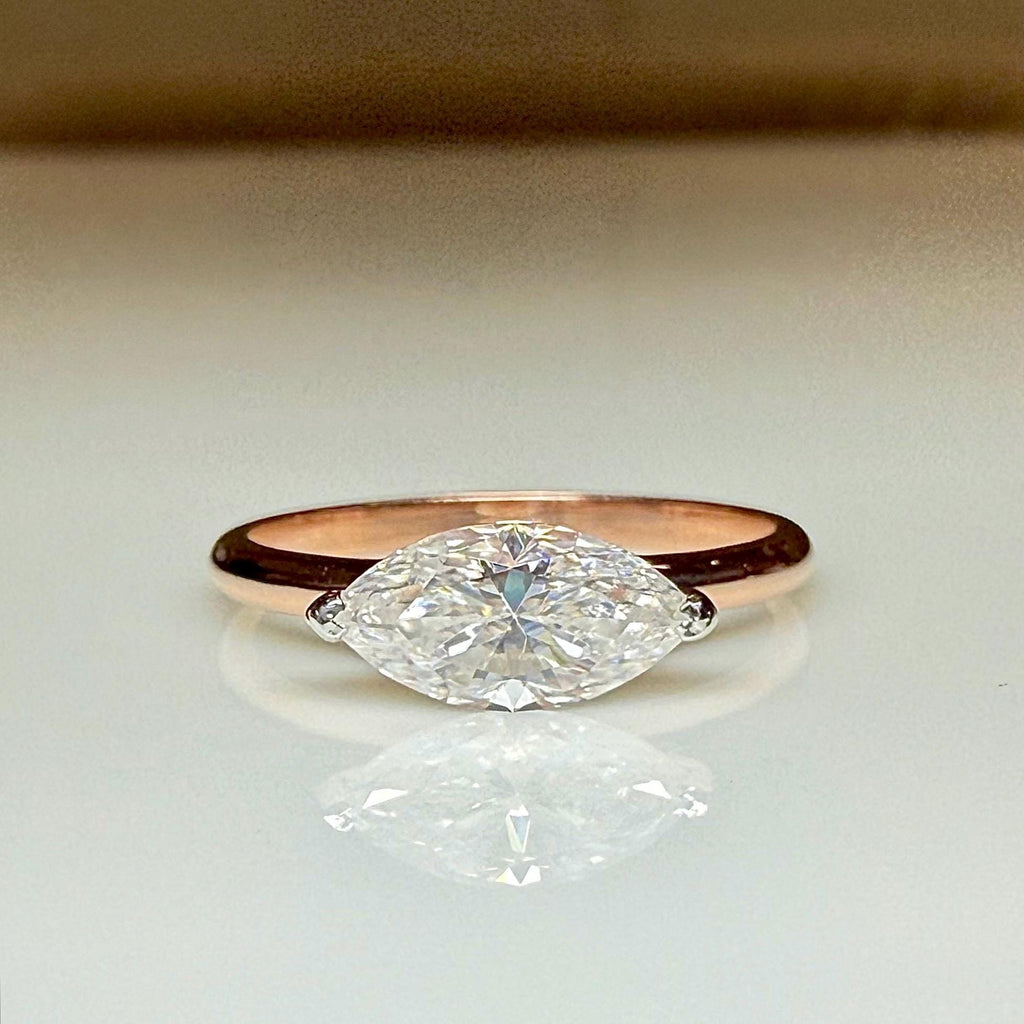 Marquise Cut Lab Grown Diamond Ring | East West Solitaire | 14K Solid Gold Engagement Ring