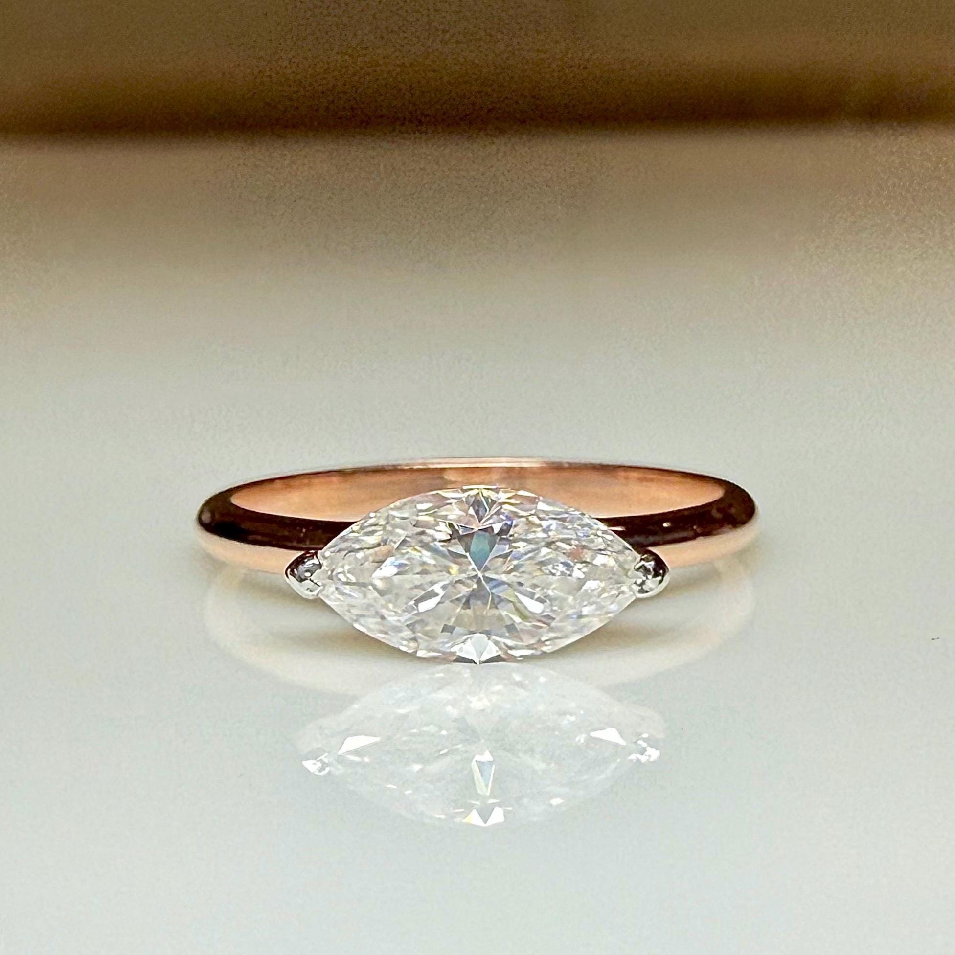 Marquise Cut Lab Grown Diamond Ring | East West Solitaire | 14K Solid Gold Engagement Ring