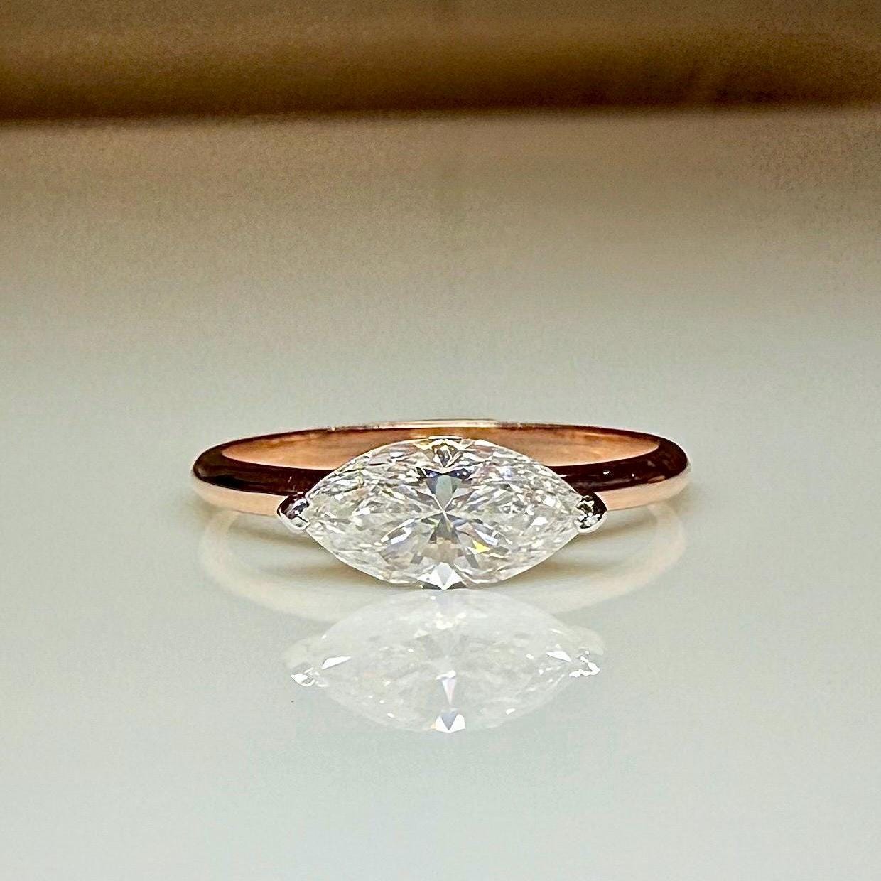 Marquise Cut Lab Grown Diamond Ring | East West Solitaire | 14K Solid Gold Engagement Ring