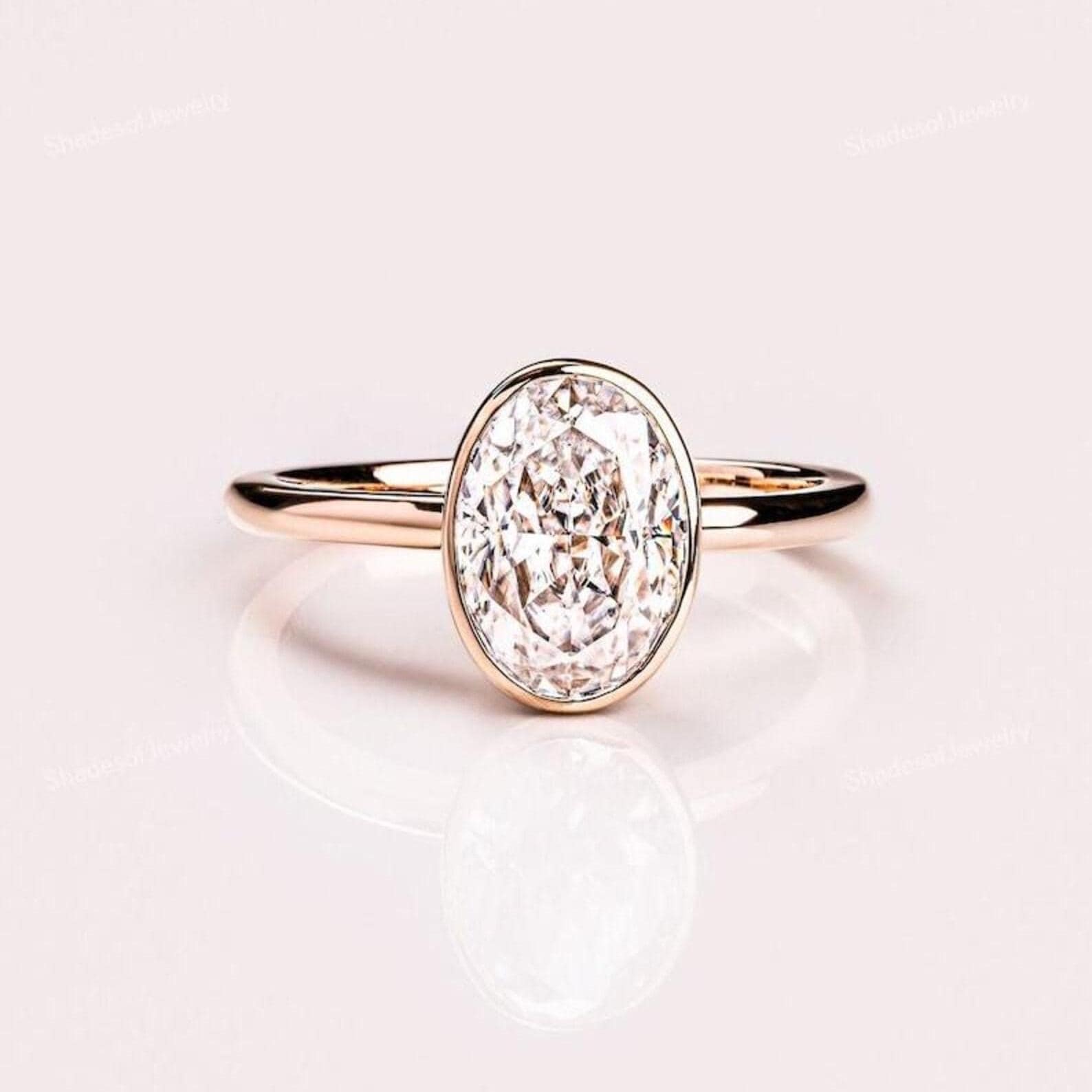 3CT Oval Lab Grown Diamond Engagement Ring | 14K Gold Bezel Set Solitaire | IGI Certified