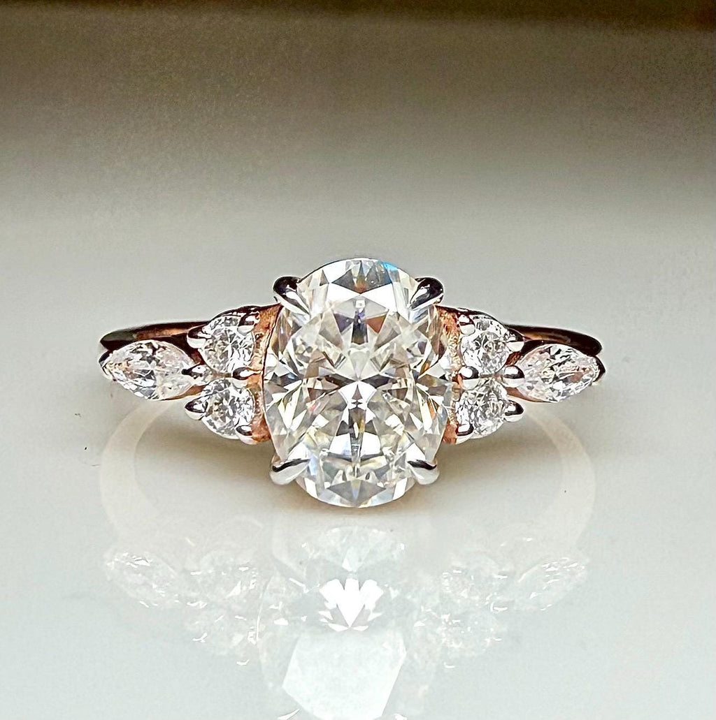 Oval Lab Grown Diamond Engagement Ring | Marquise & Round Side Stones | 14K Solid Gold
