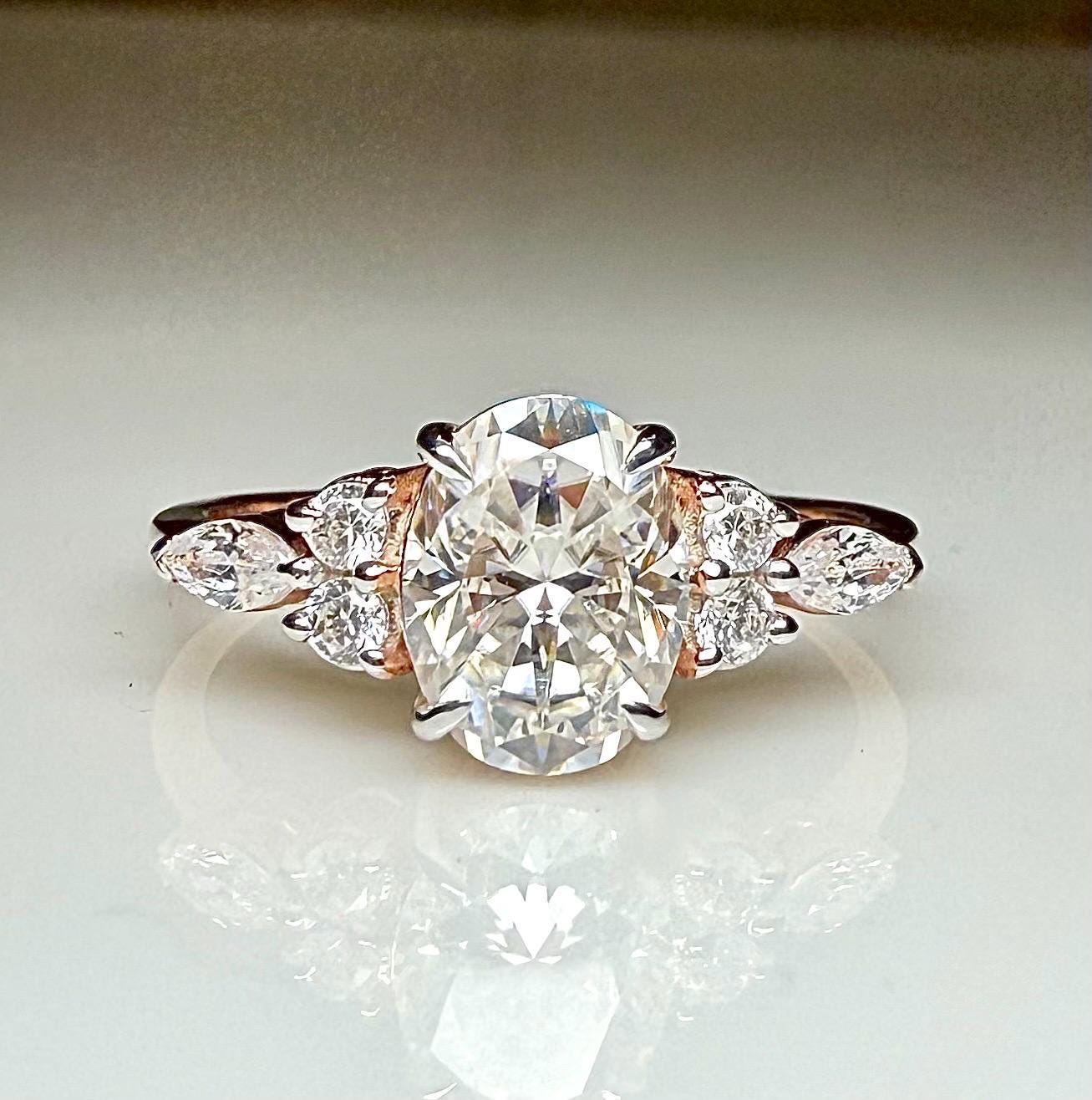 Oval Lab Grown Diamond Engagement Ring | Marquise & Round Side Stones | 14K Solid Gold
