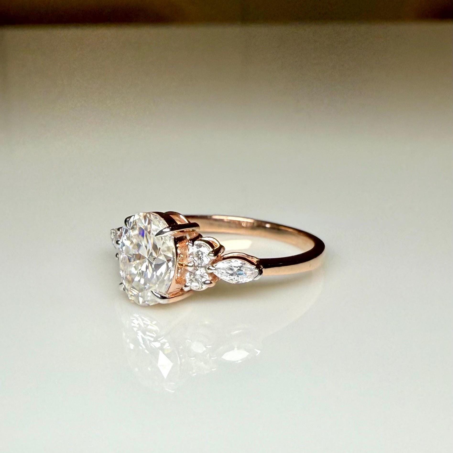 Oval Lab Grown Diamond Engagement Ring | Marquise & Round Side Stones | 14K Solid Gold
