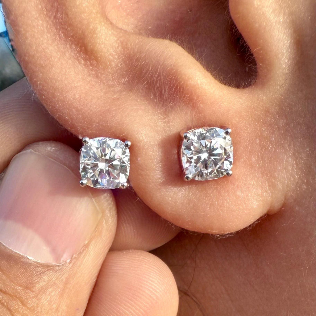 IGI Certified Cushion Lab Grown Diamond Stud Earrings | 14K Gold Solitaire Studs