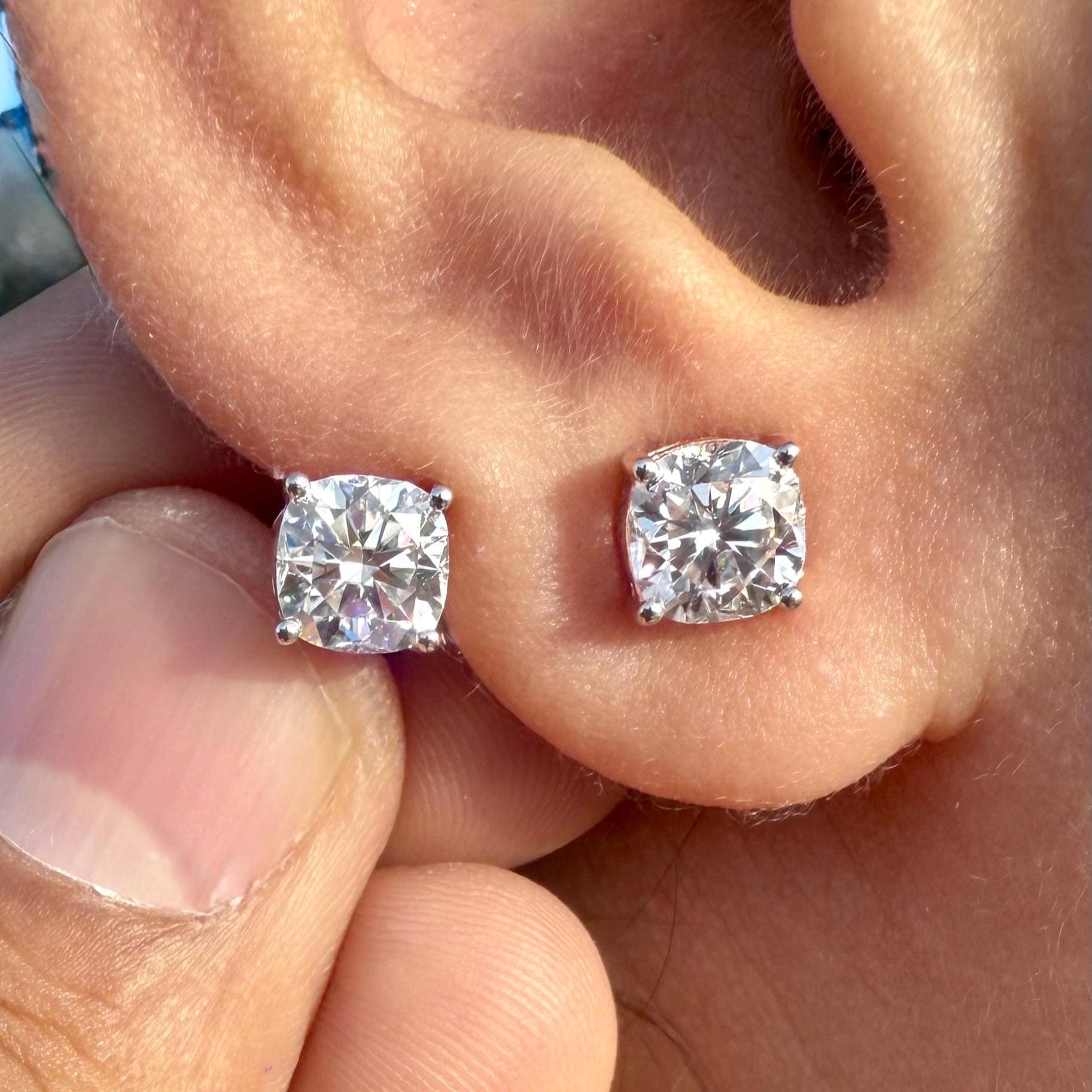 IGI Certified Cushion Lab Grown Diamond Stud Earrings | 14K Gold Solitaire Studs