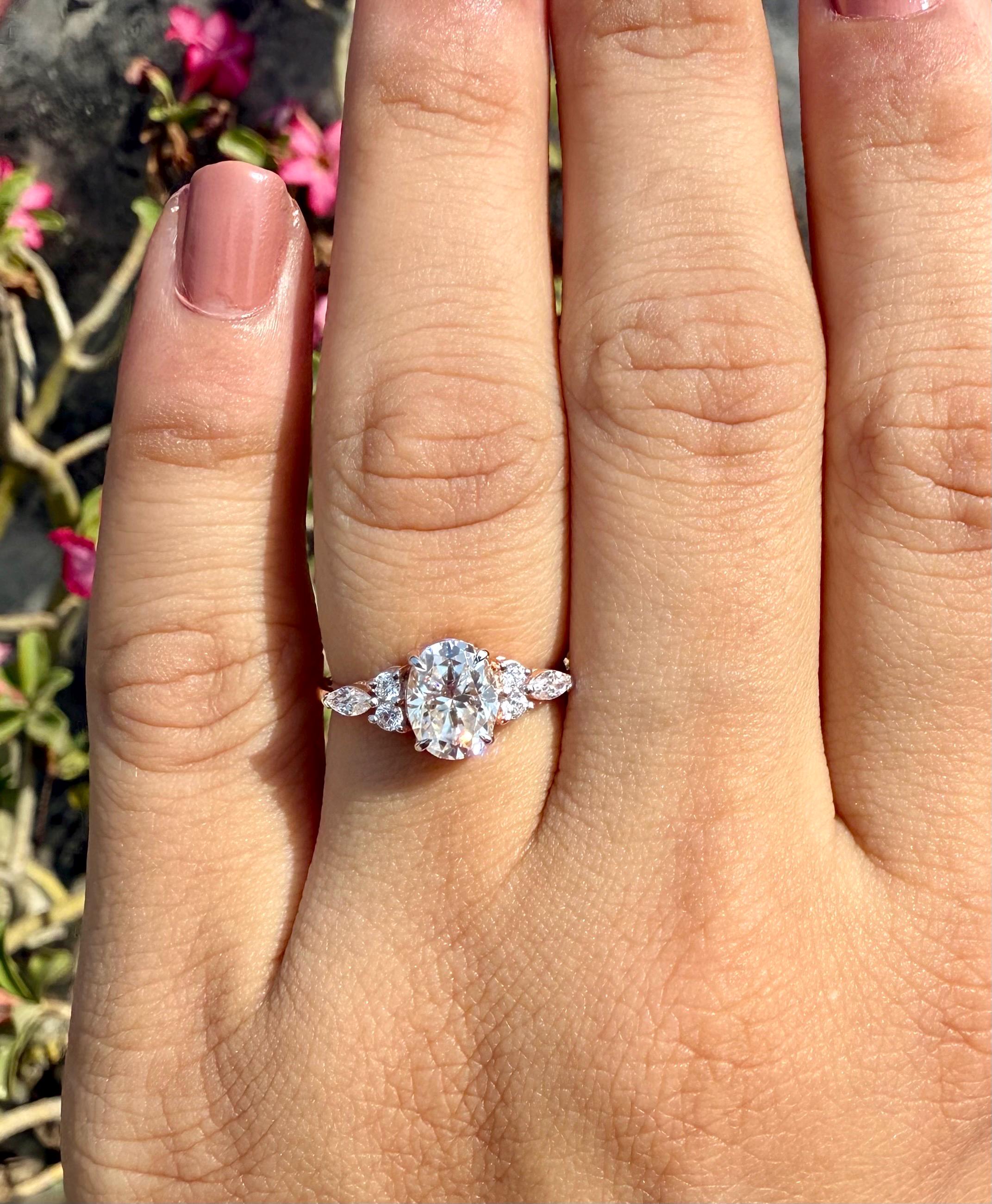 Oval Lab Grown Diamond Engagement Ring | Marquise & Round Side Stones | 14K Solid Gold