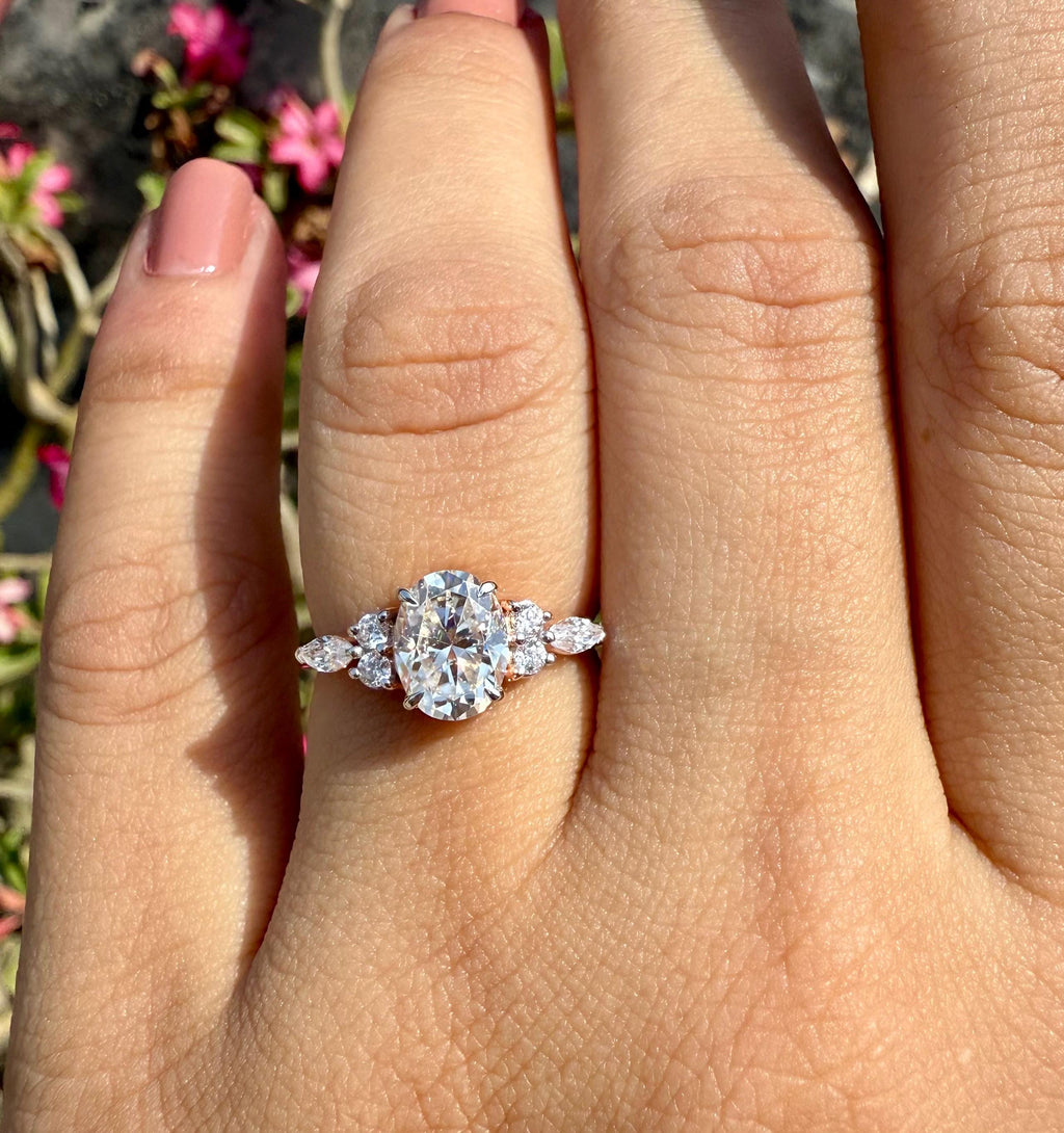 Oval Lab Grown Diamond Engagement Ring | Marquise & Round Side Stones | 14K Solid Gold