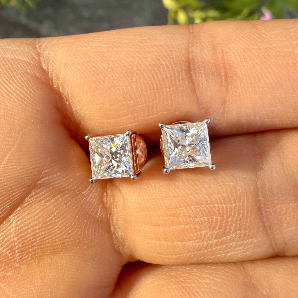 IGI Certified Princess Cut Lab Grown Diamond Stud Earrings Pair | 14K Gold Solitaire Studs