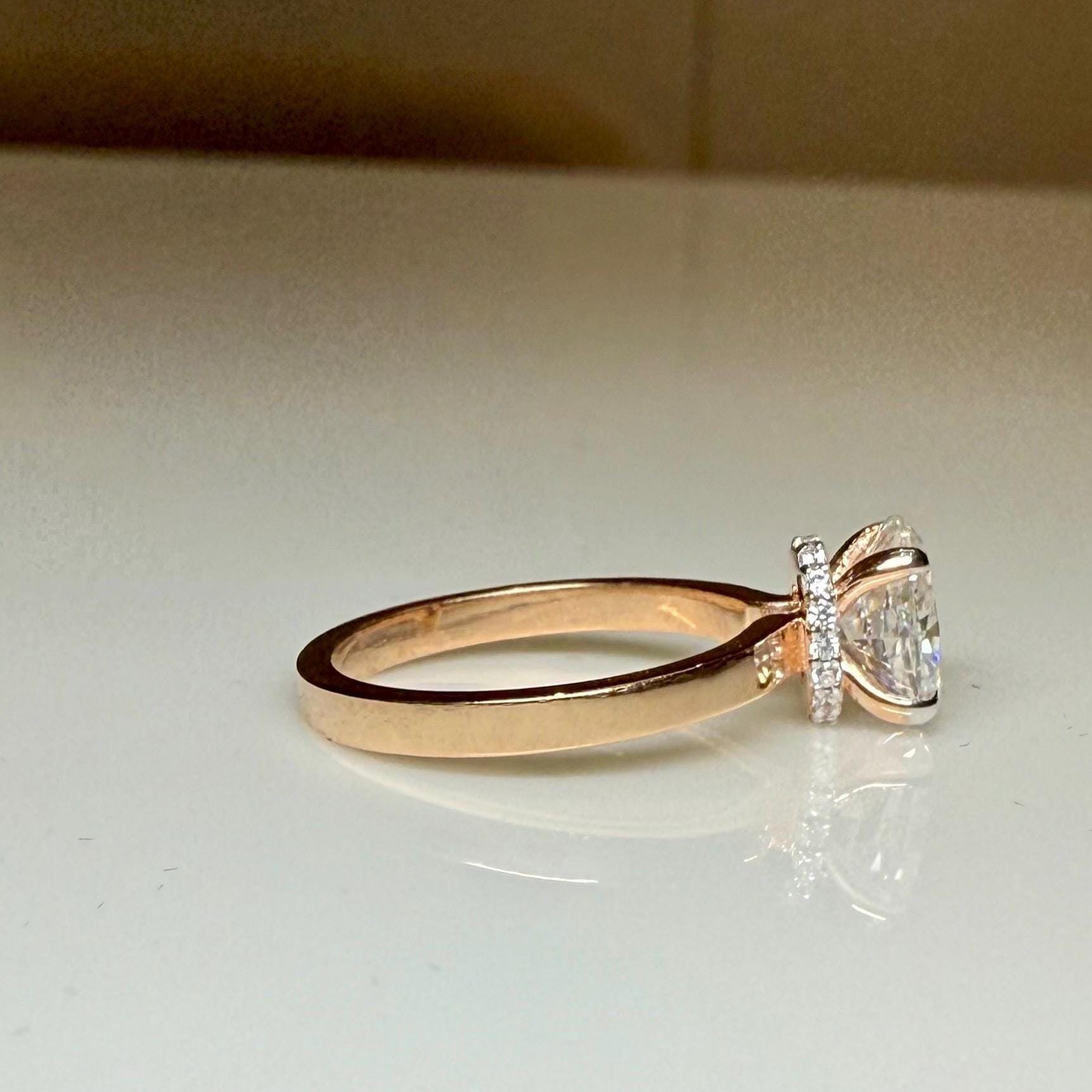 1CT Oval Lab Grown Diamond Engagement Ring | 14K Solid Gold Solitaire Hidden Halo